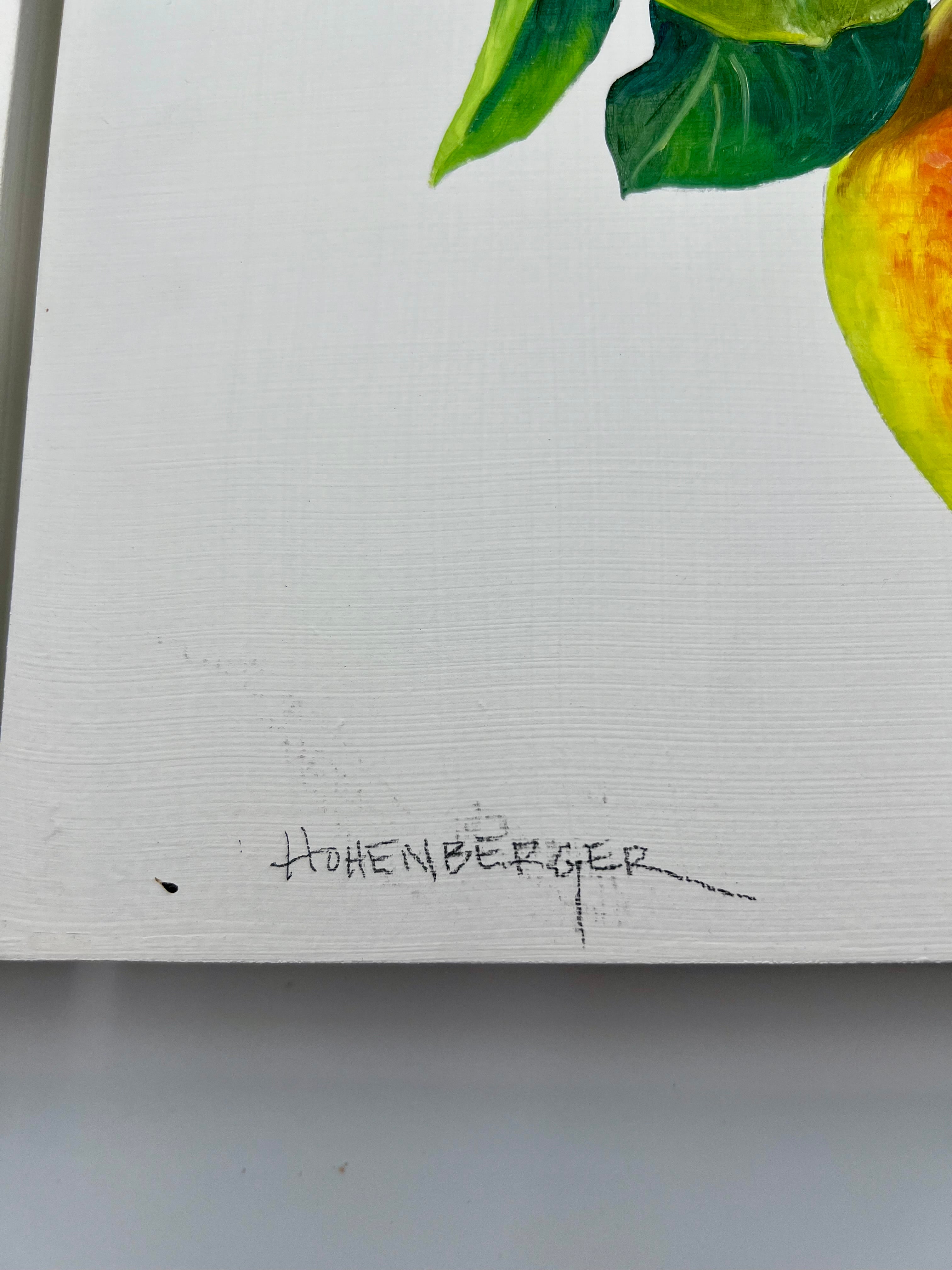 SIGNED ROSE HOHENBERGER (HOUSTON, TEXAS) FRUIT STILL LIFE PANEL SERIES — SET OF FOUR — 12"×12" DEEP-EDGE WOOD PANELS