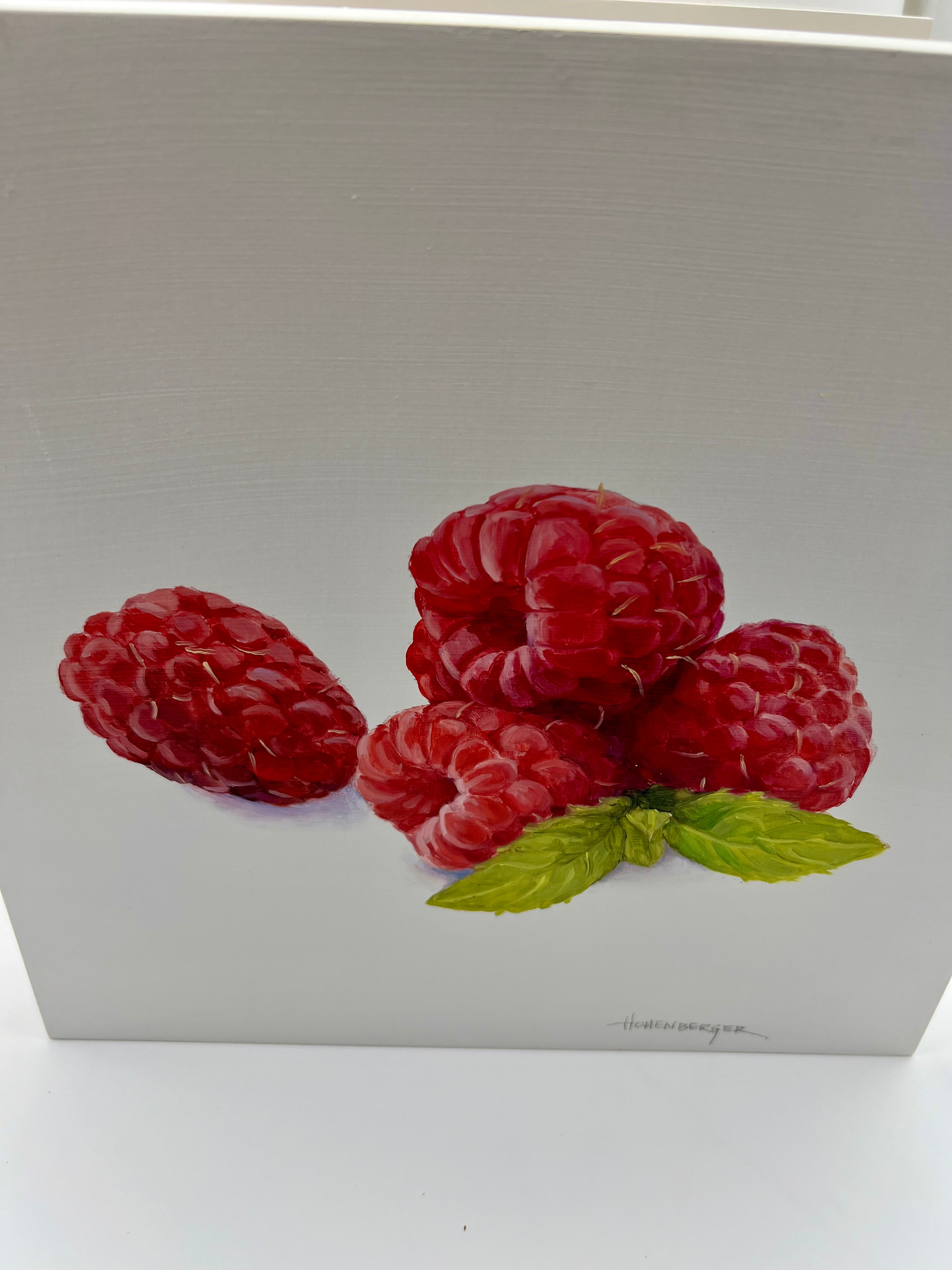 SIGNED ROSE HOHENBERGER (HOUSTON, TEXAS) FRUIT STILL LIFE PANEL SERIES — SET OF FOUR — 12"×12" DEEP-EDGE WOOD PANELS