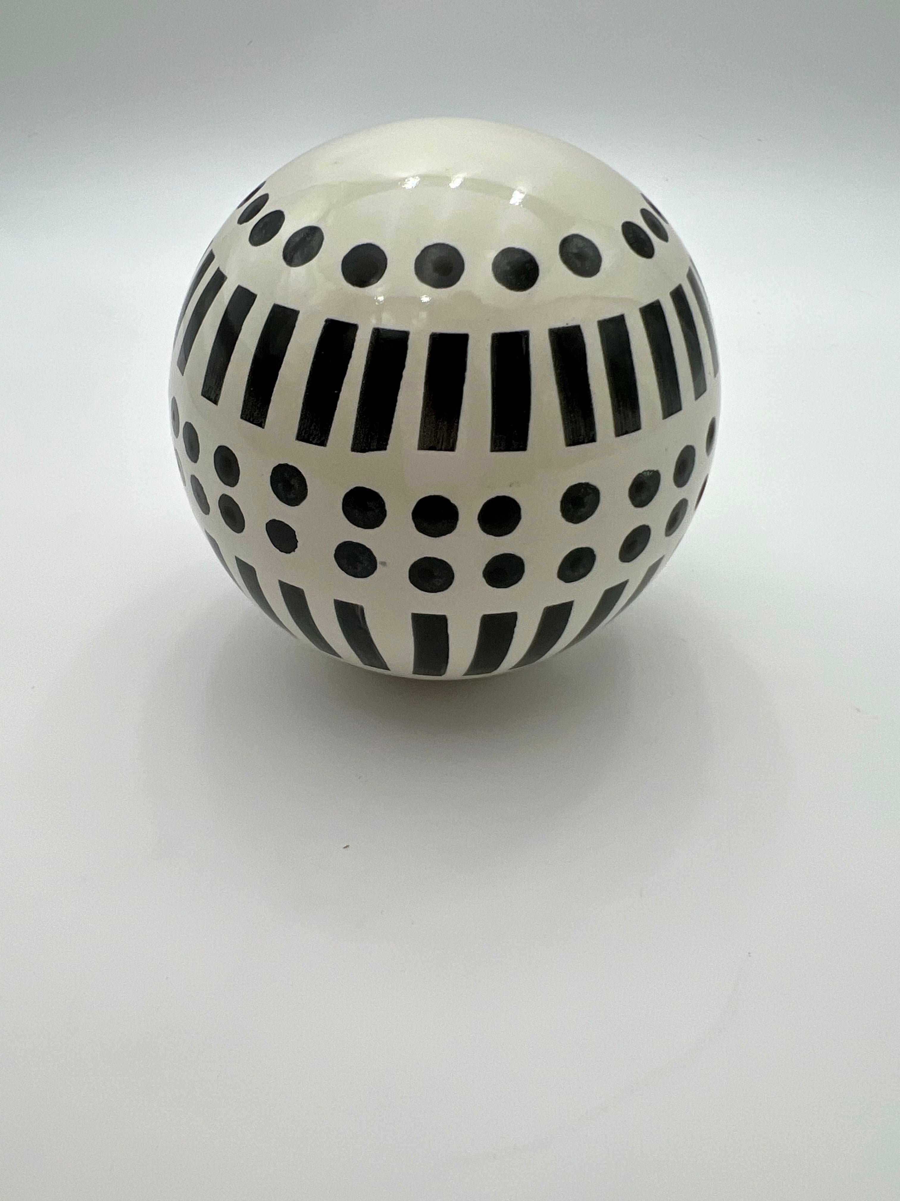 VINTAGE BLACK AND WHITE STUDIO ART POTTERY ORB | POSTMODERN SCULPTURAL CERAMIC SPHERE | MEMPHIS STYLE DECOR OBJECT