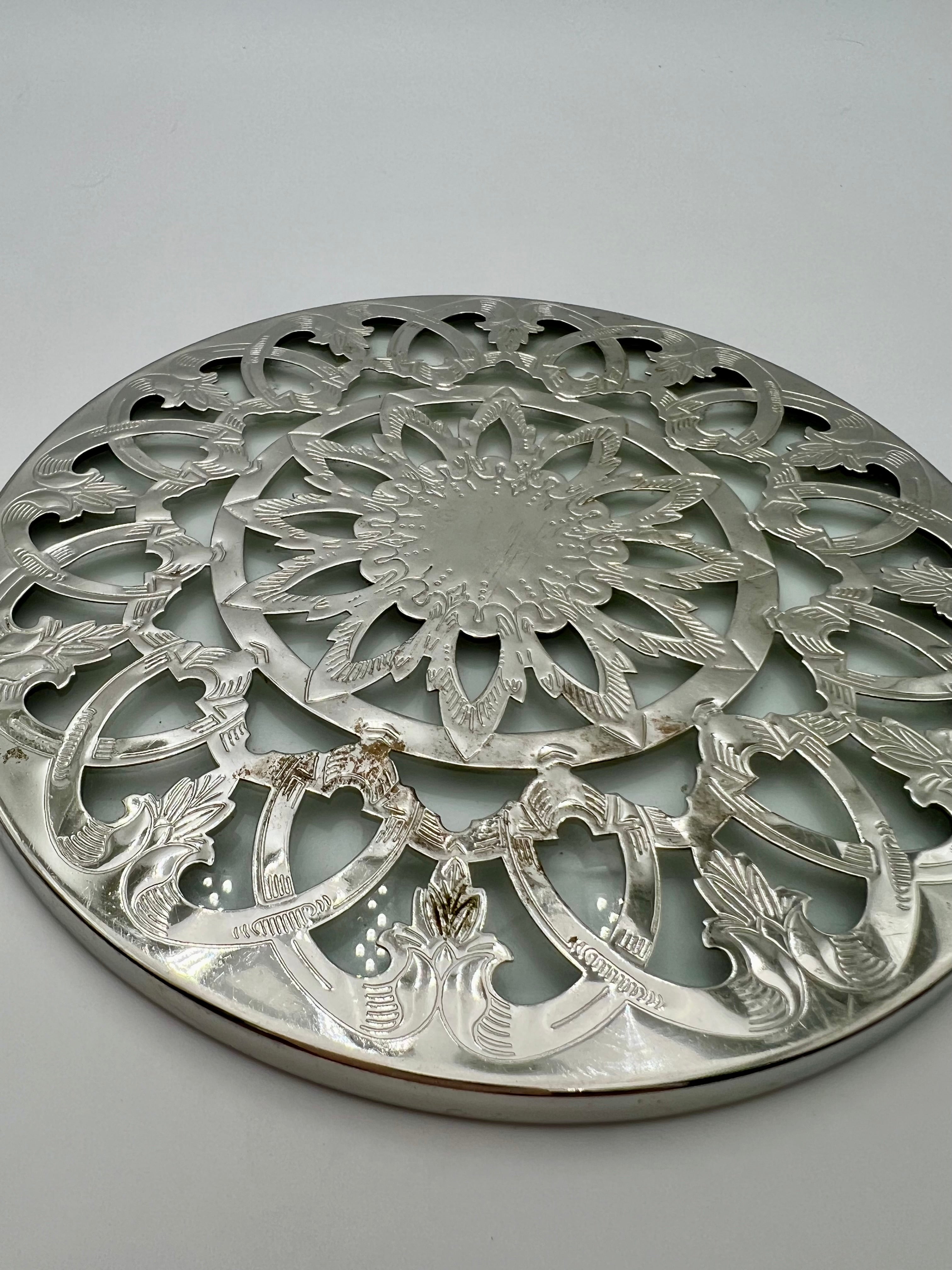 VINTAGE GLASS-BACKED SILVER-PLATE TRIVET — PIERCED FLORAL DESIGN, LIKELY SPANISH, MID-CENTURY