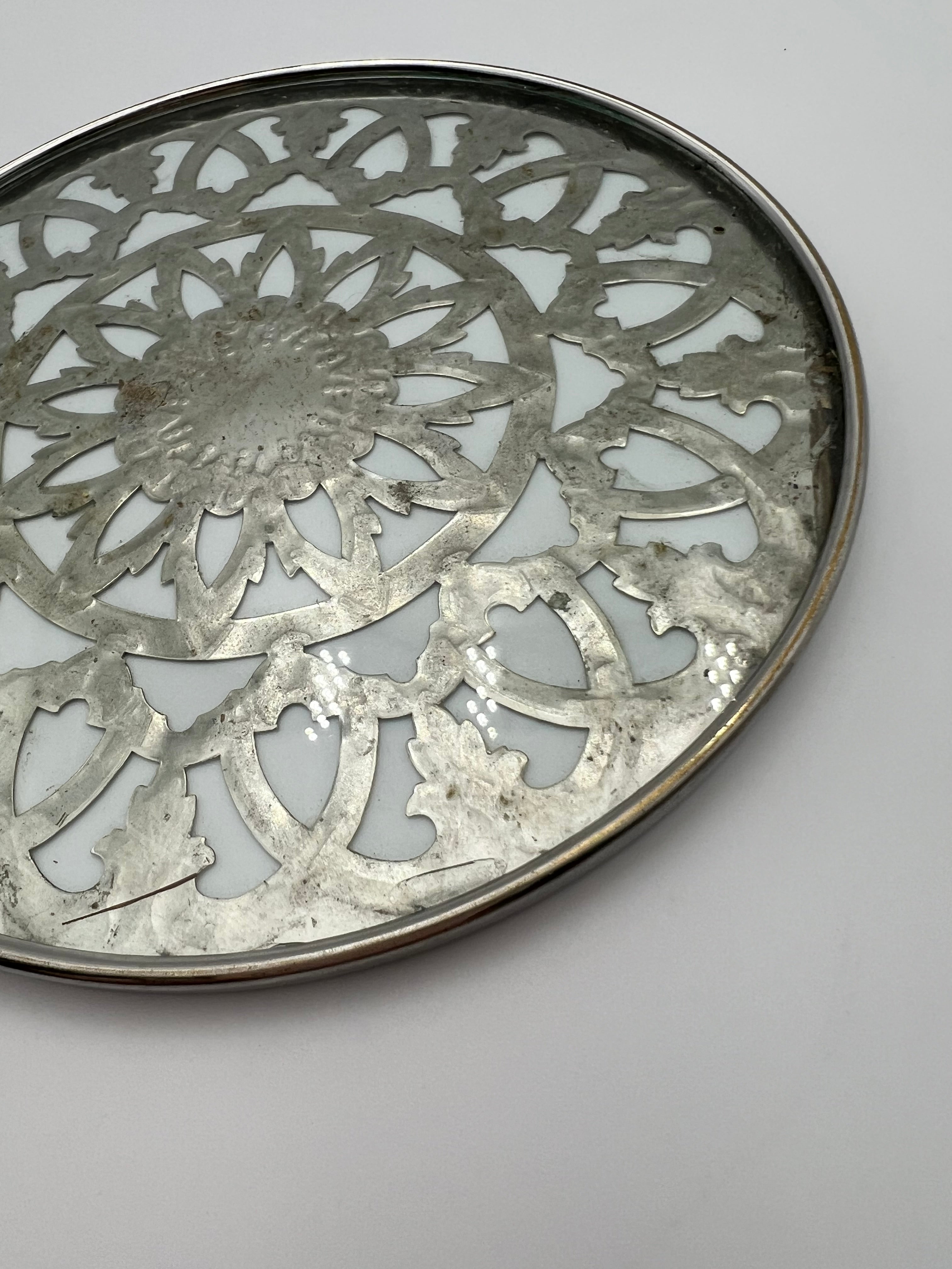 VINTAGE GLASS-BACKED SILVER-PLATE TRIVET — PIERCED FLORAL DESIGN, LIKELY SPANISH, MID-CENTURY