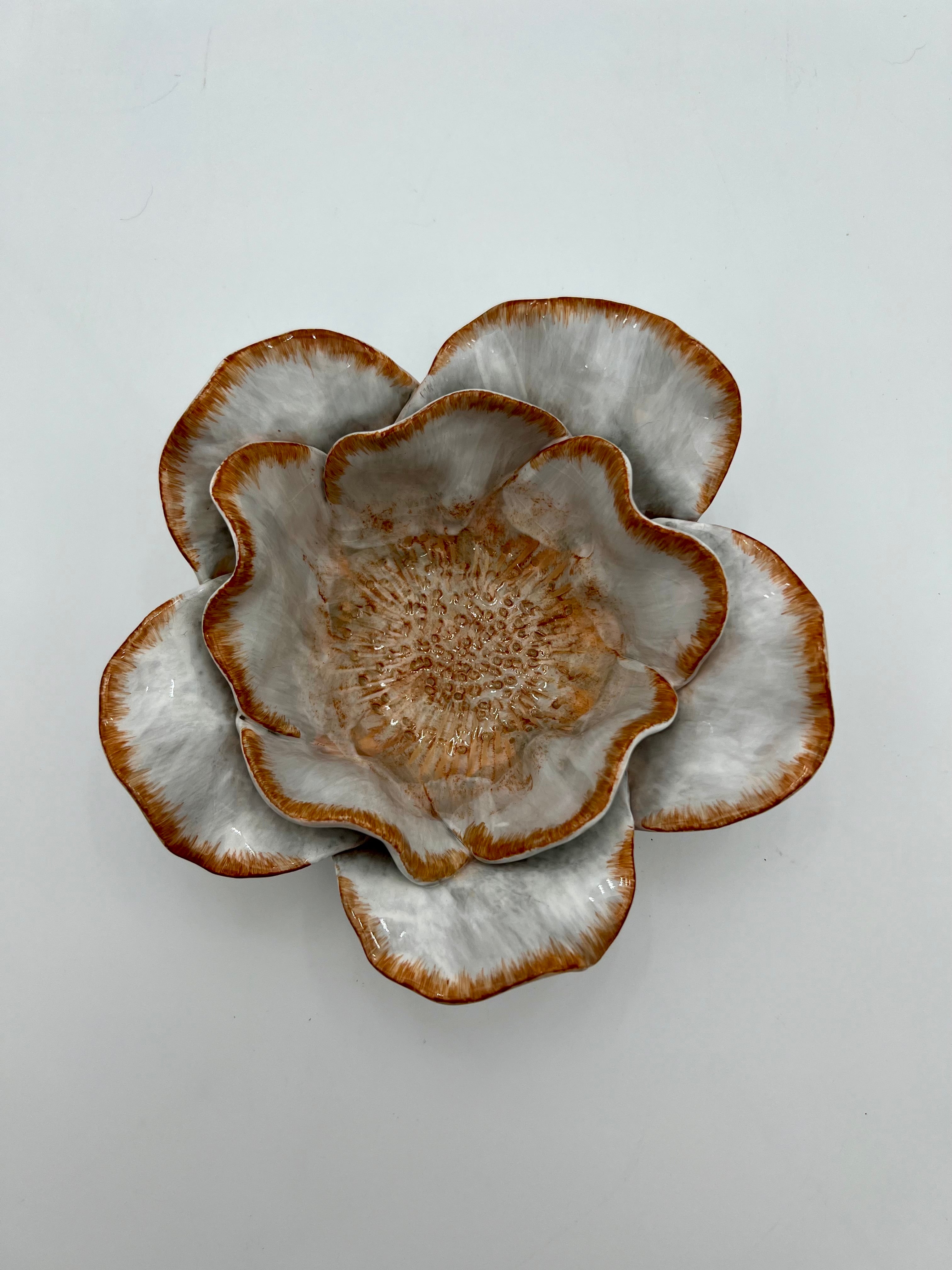 STUDIO Z 2003 CERAMIC FLOWER BOWL – HAND-PAINTED LAYERED PETALS – WHITE & SIENNA GLAZE – SCULPTURAL FLORAL DECOR