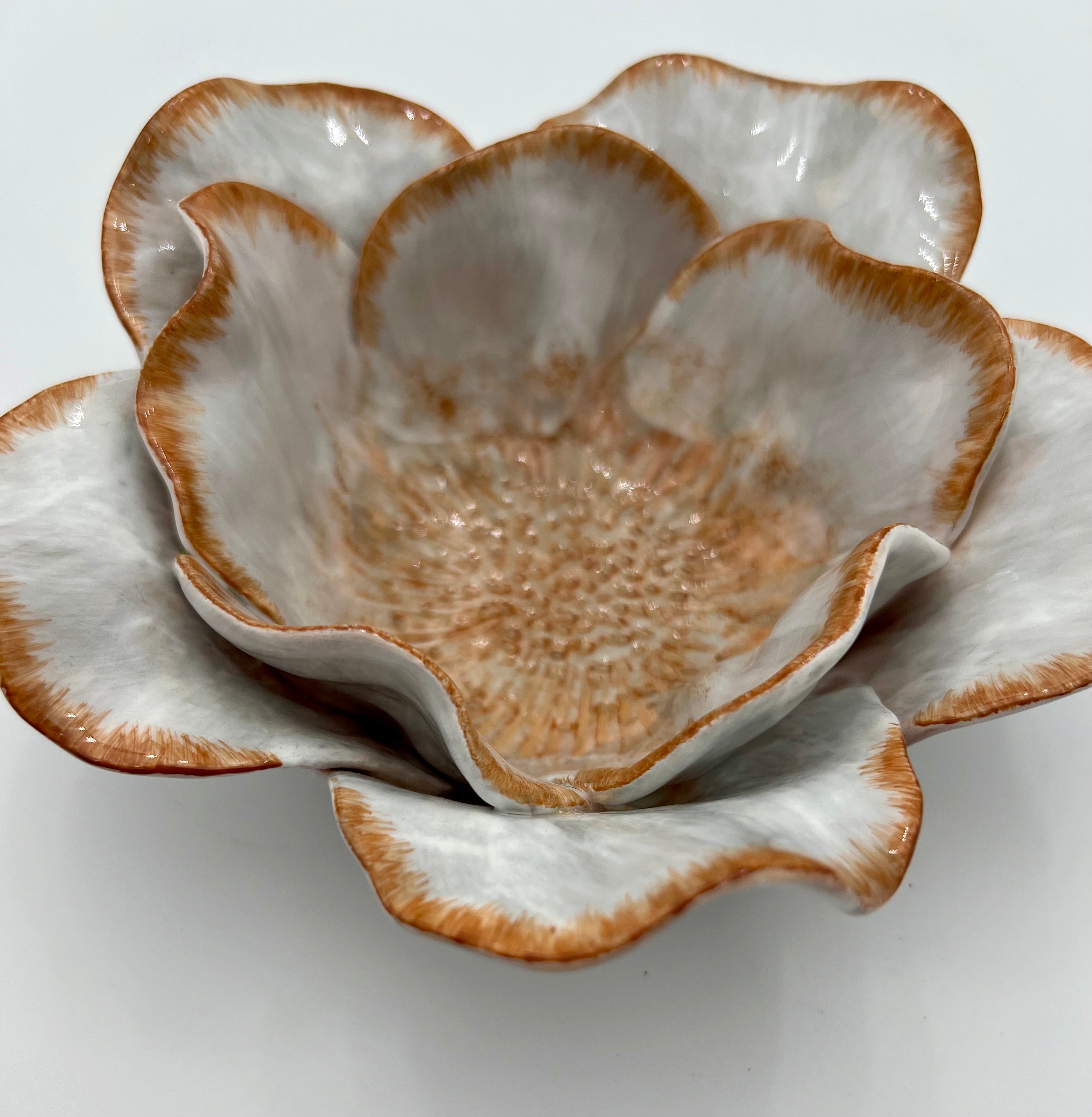 STUDIO Z 2003 CERAMIC FLOWER BOWL – HAND-PAINTED LAYERED PETALS – WHITE & SIENNA GLAZE – SCULPTURAL FLORAL DECOR