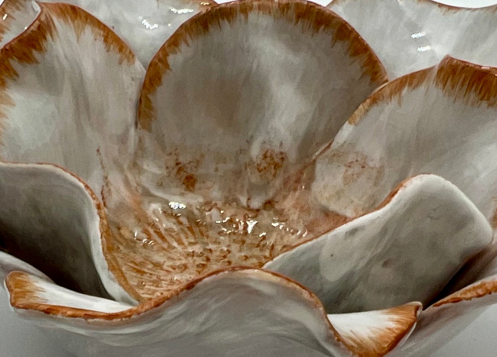STUDIO Z 2003 CERAMIC FLOWER BOWL – HAND-PAINTED LAYERED PETALS – WHITE & SIENNA GLAZE – SCULPTURAL FLORAL DECOR