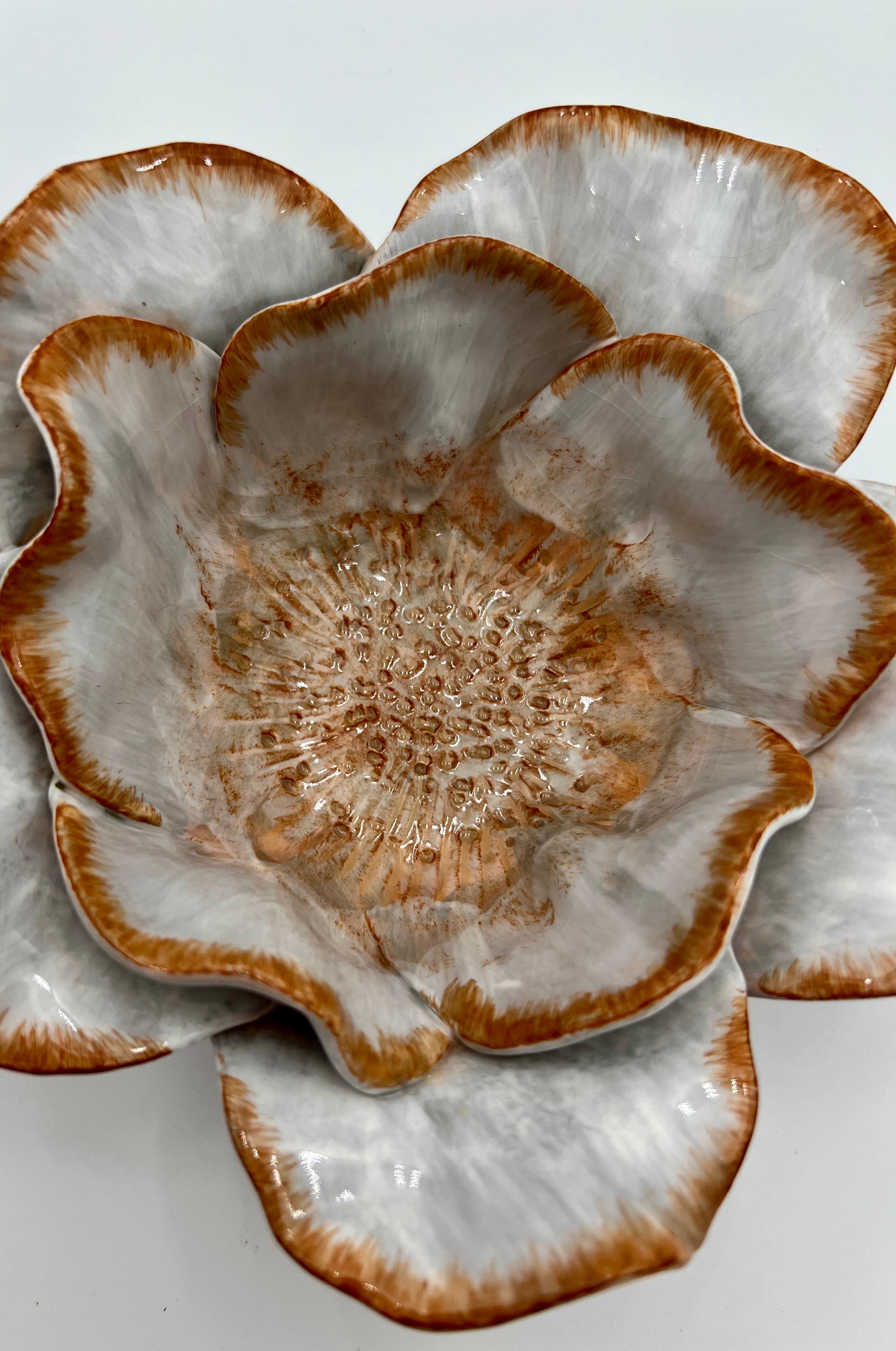 STUDIO Z 2003 CERAMIC FLOWER BOWL – HAND-PAINTED LAYERED PETALS – WHITE & SIENNA GLAZE – SCULPTURAL FLORAL DECOR