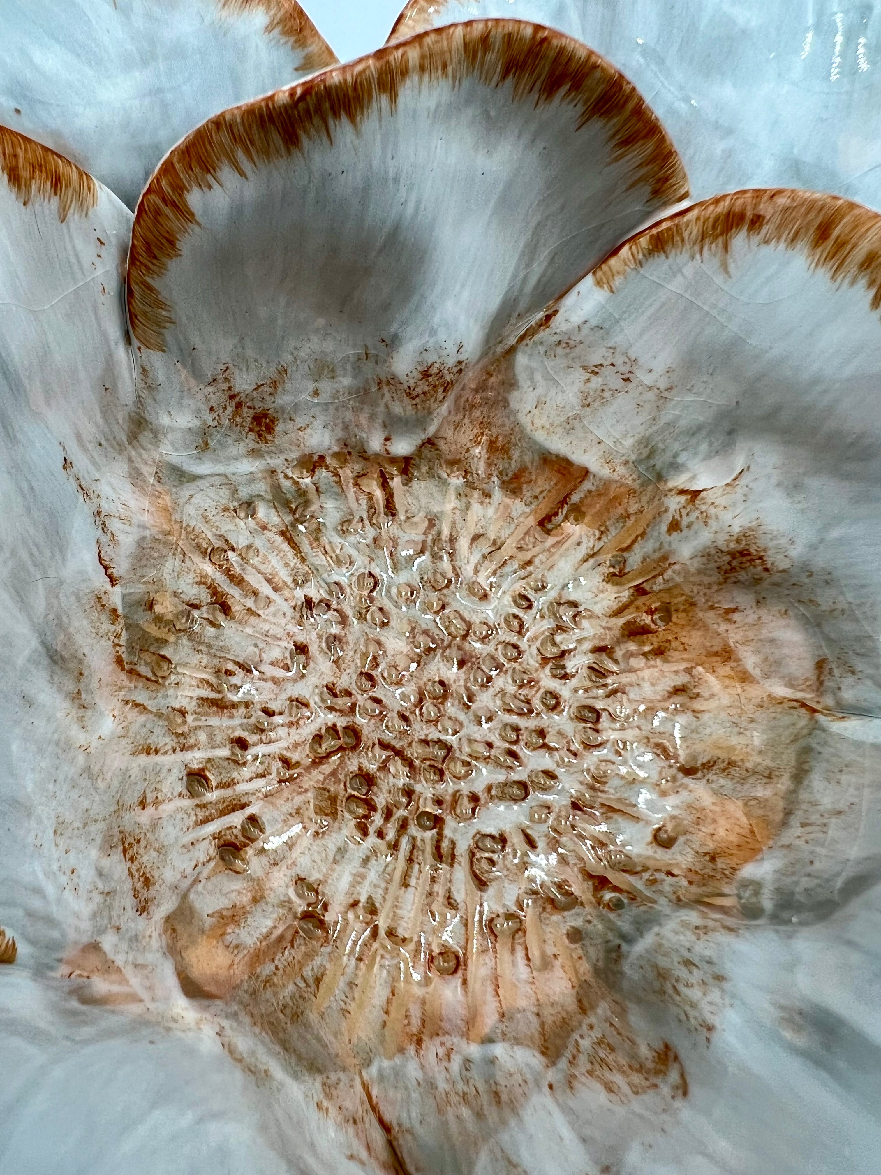 STUDIO Z 2003 CERAMIC FLOWER BOWL – HAND-PAINTED LAYERED PETALS – WHITE & SIENNA GLAZE – SCULPTURAL FLORAL DECOR