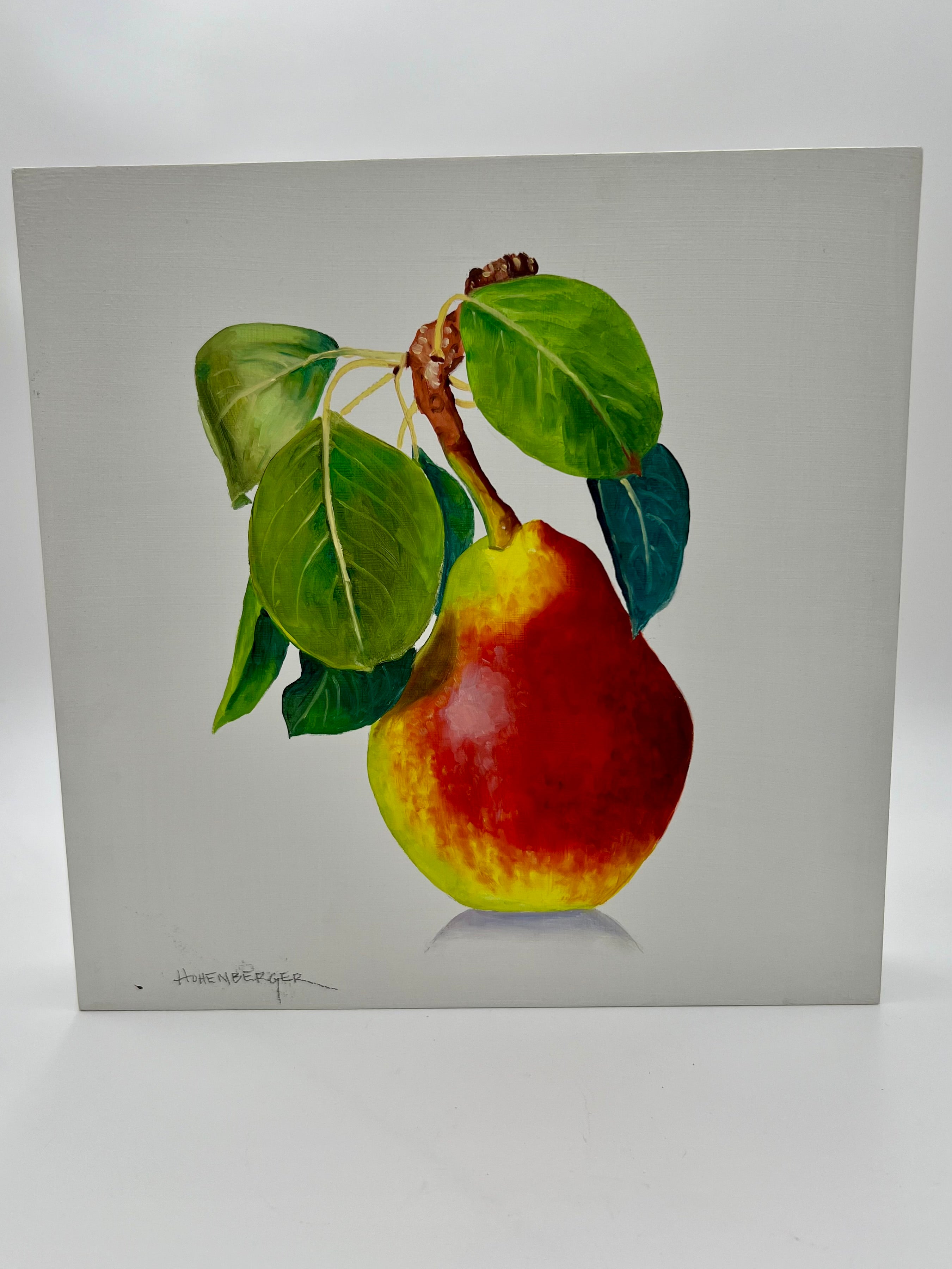 SIGNED ROSE HOHENBERGER (HOUSTON, TEXAS) FRUIT STILL LIFE PANEL SERIES — SET OF FOUR — 12"×12" DEEP-EDGE WOOD PANELS
