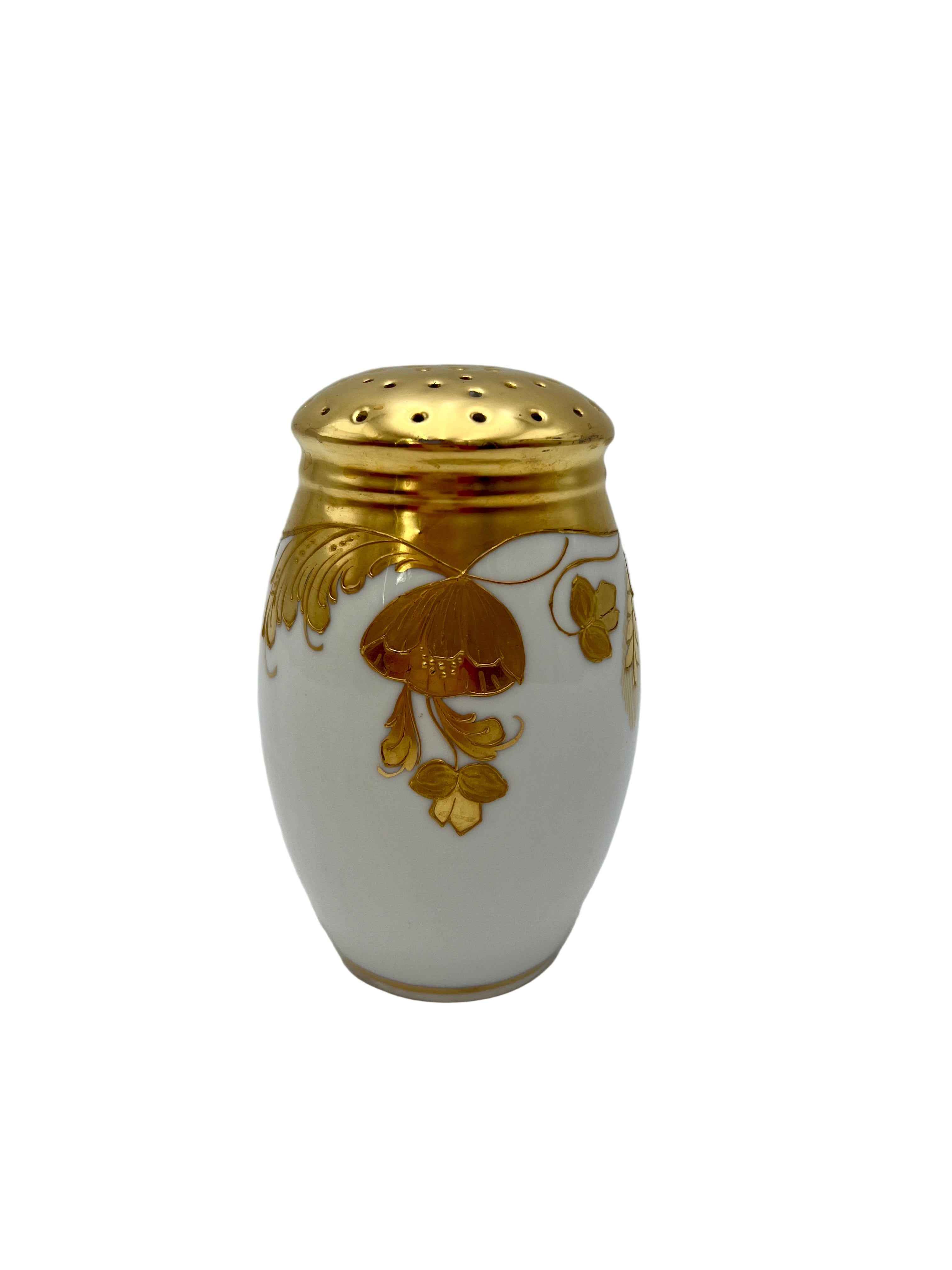 Antique Porcelain Sugar Shaker Muffineer | Stouffer Studio Chicago | Hand-Gilded Raised Gold Floral | Signed BEK
