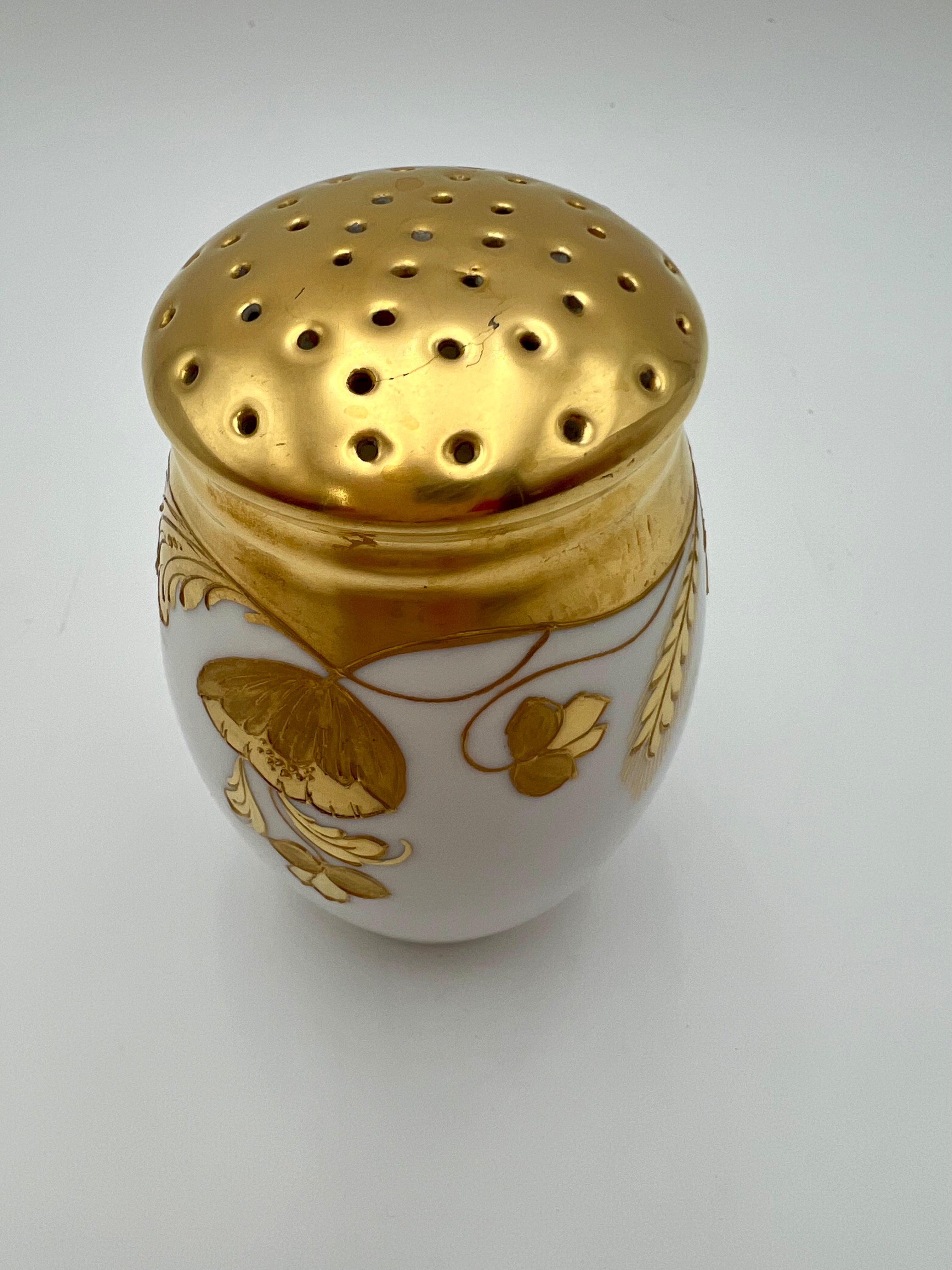 Antique Porcelain Sugar Shaker Muffineer | Stouffer Studio Chicago | Hand-Gilded Raised Gold Floral | Signed BEK