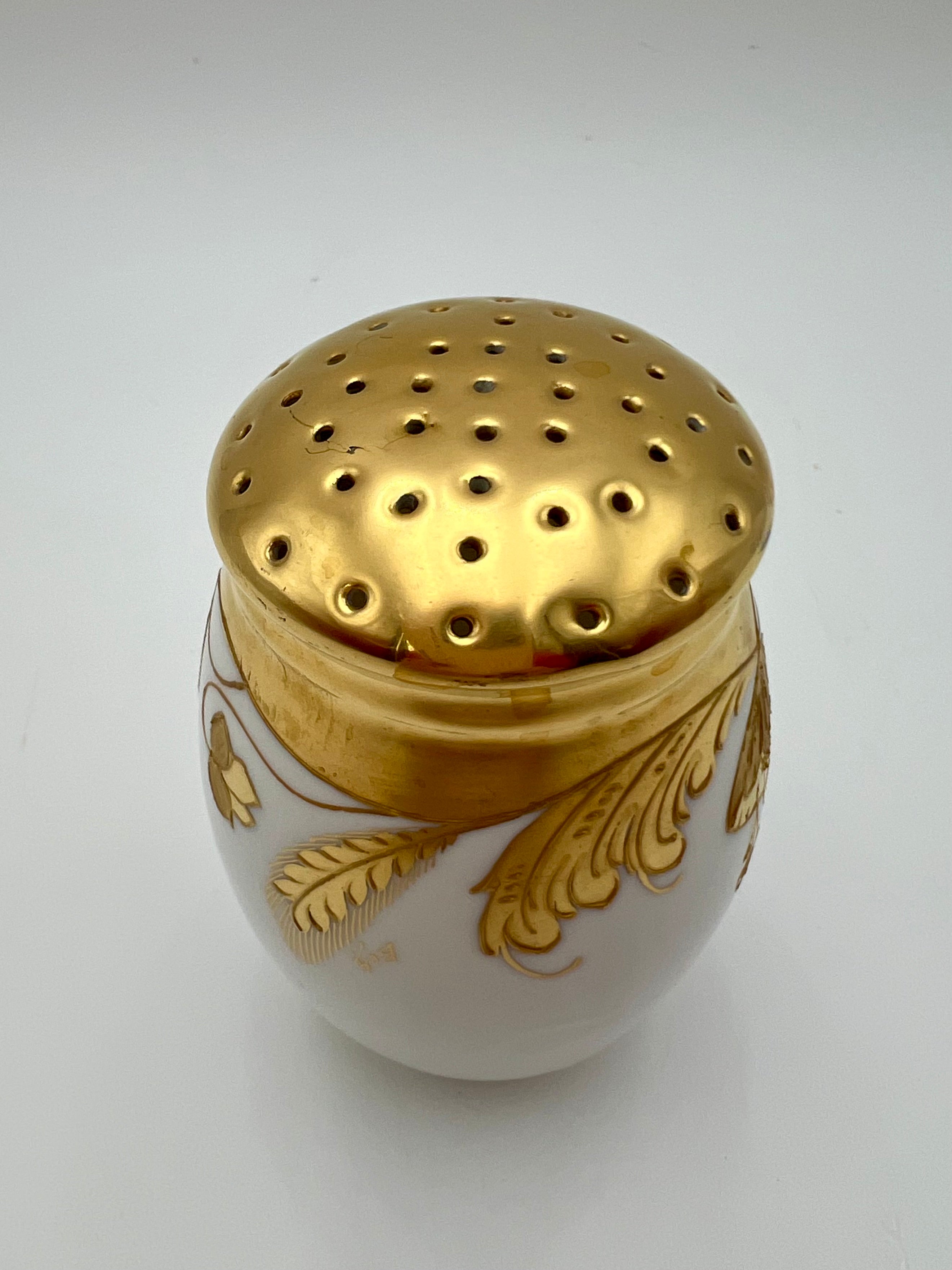 Antique Porcelain Sugar Shaker Muffineer | Stouffer Studio Chicago | Hand-Gilded Raised Gold Floral | Signed BEK