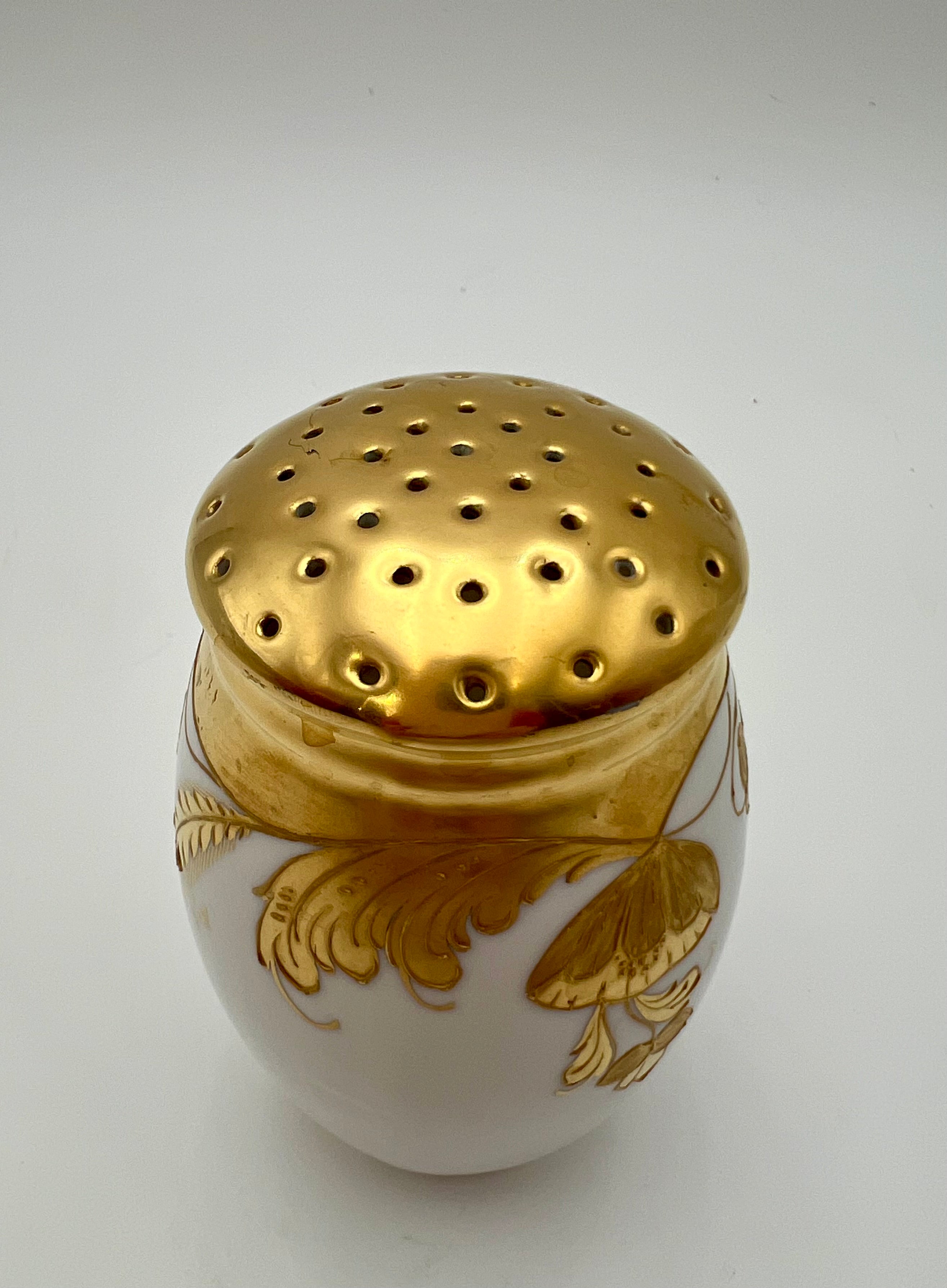 Antique Porcelain Sugar Shaker Muffineer | Stouffer Studio Chicago | Hand-Gilded Raised Gold Floral | Signed BEK