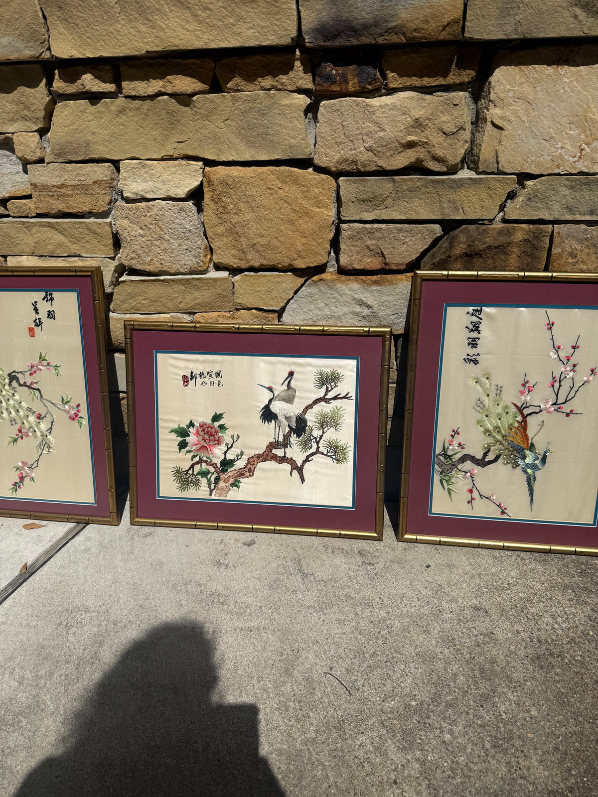 VINTAGE ASIAN EMBROIDERED SILK WALL ART SET OF 3 | FRAMED PEACOCK & CRANE CHINOISERIE TEXTILE PANELS