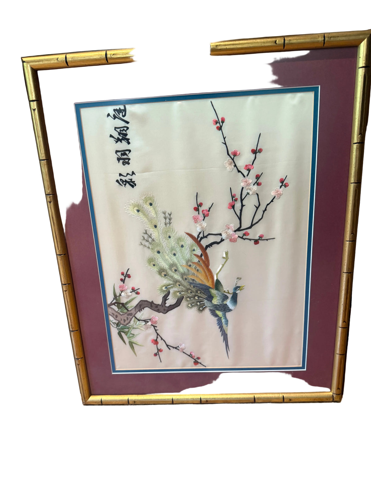 VINTAGE ASIAN EMBROIDERED SILK WALL ART SET OF 3 | FRAMED PEACOCK & CRANE CHINOISERIE TEXTILE PANELS