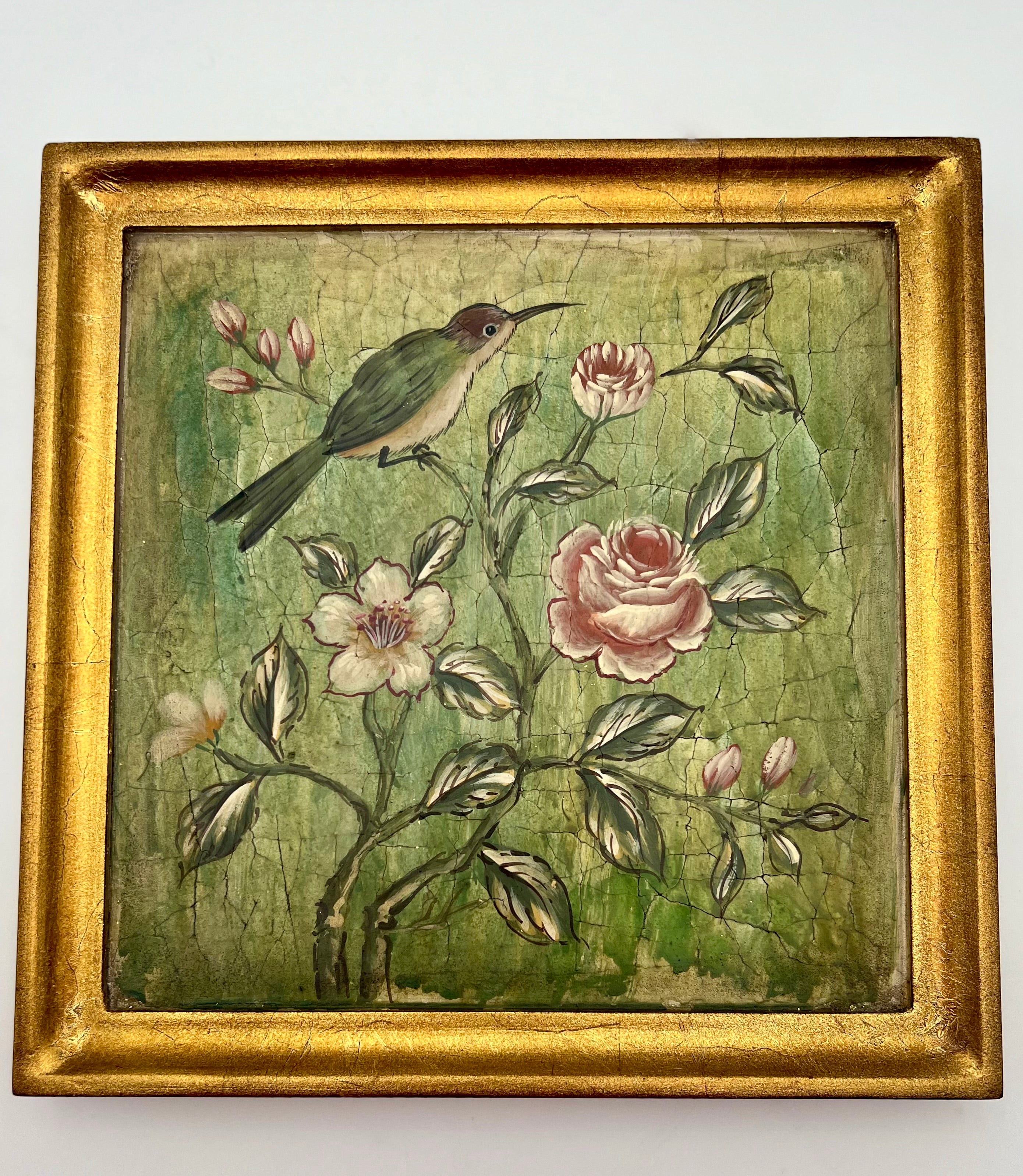 VINTAGE FRAMED HUMMINGBIRD FLORAL WALL ART GOLD FRAME CRACKLED FINISH