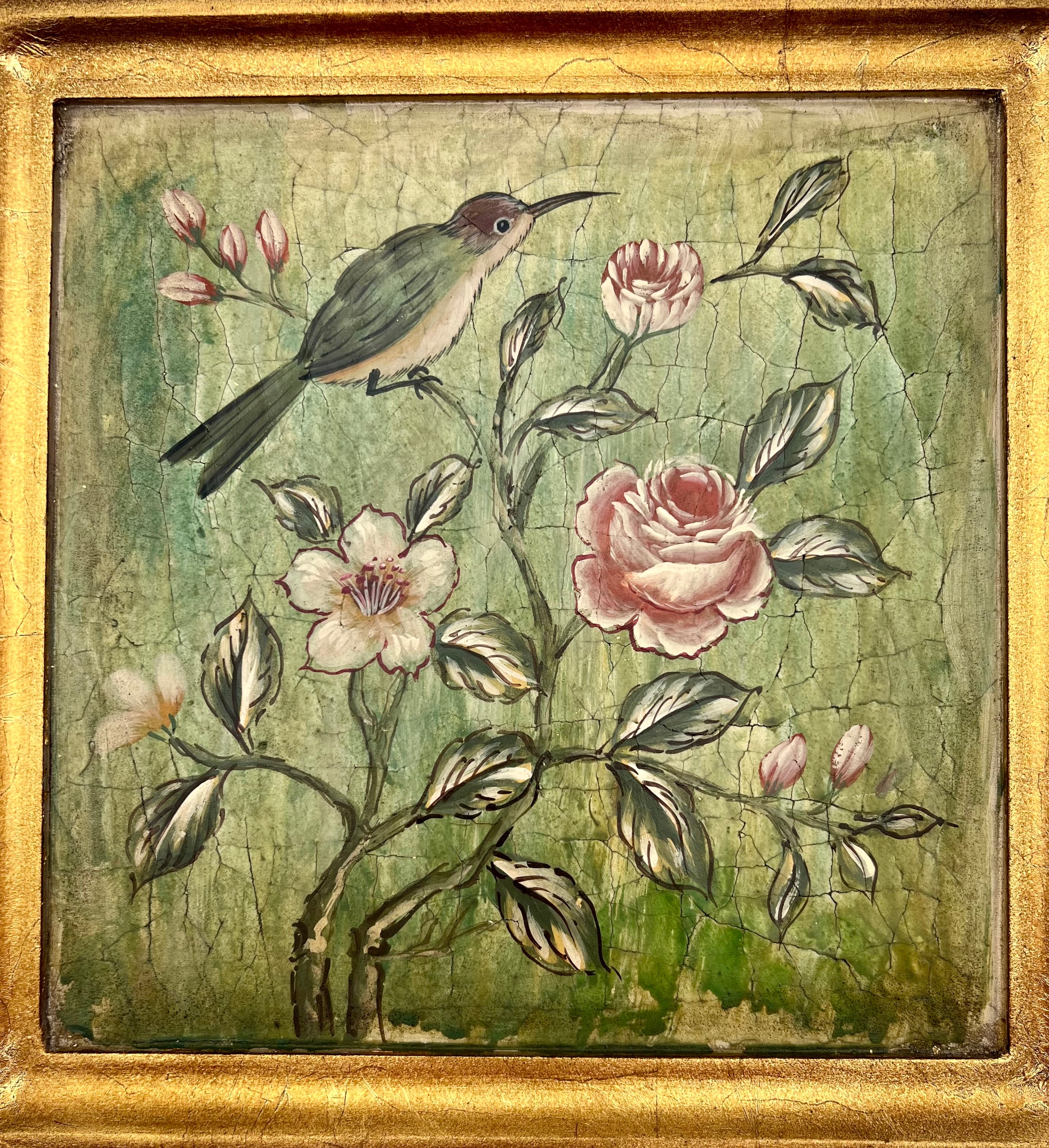 VINTAGE FRAMED HUMMINGBIRD FLORAL WALL ART GOLD FRAME CRACKLED FINISH