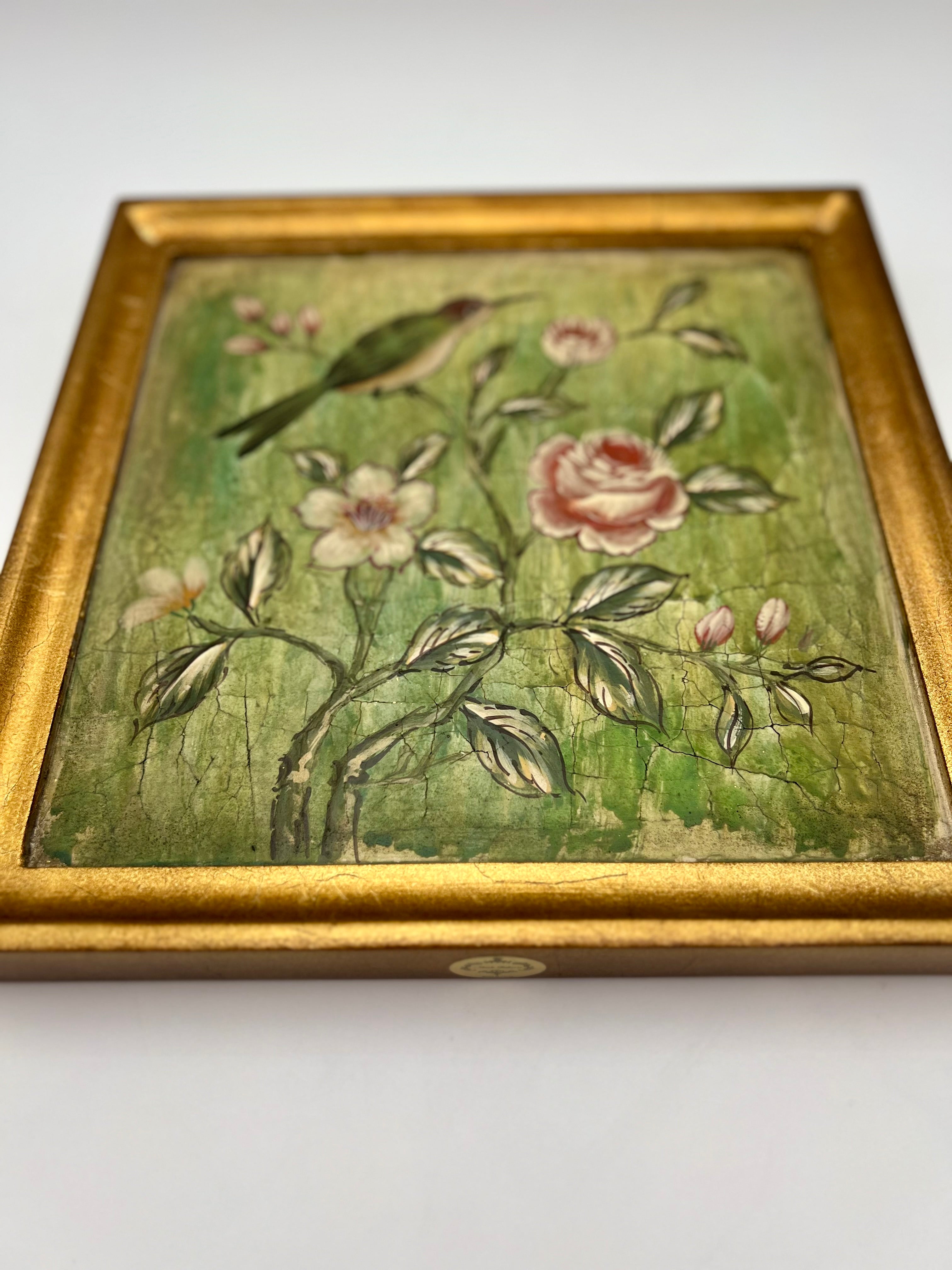VINTAGE FRAMED HUMMINGBIRD FLORAL WALL ART GOLD FRAME CRACKLED FINISH