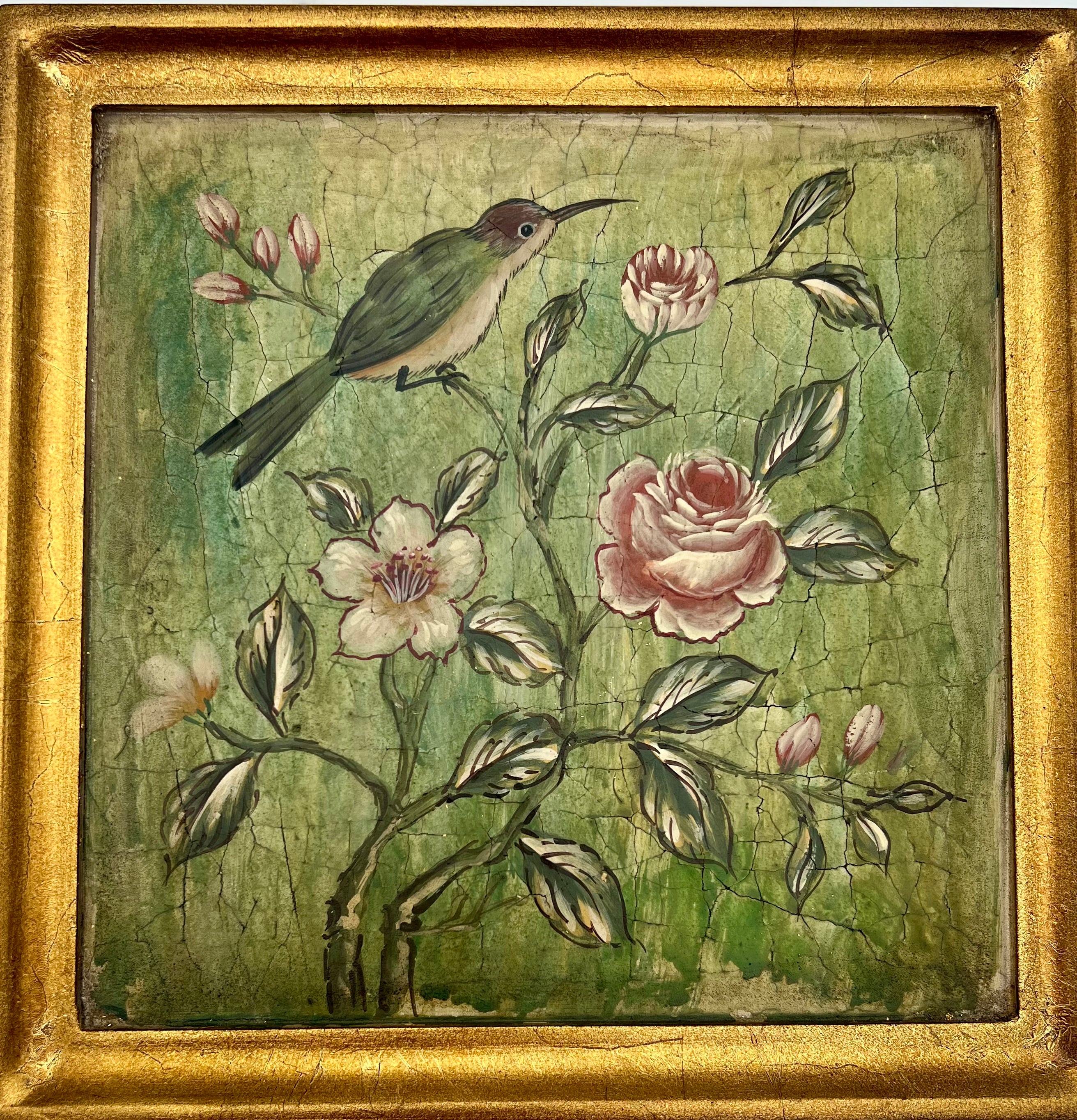 VINTAGE FRAMED HUMMINGBIRD FLORAL WALL ART GOLD FRAME CRACKLED FINISH