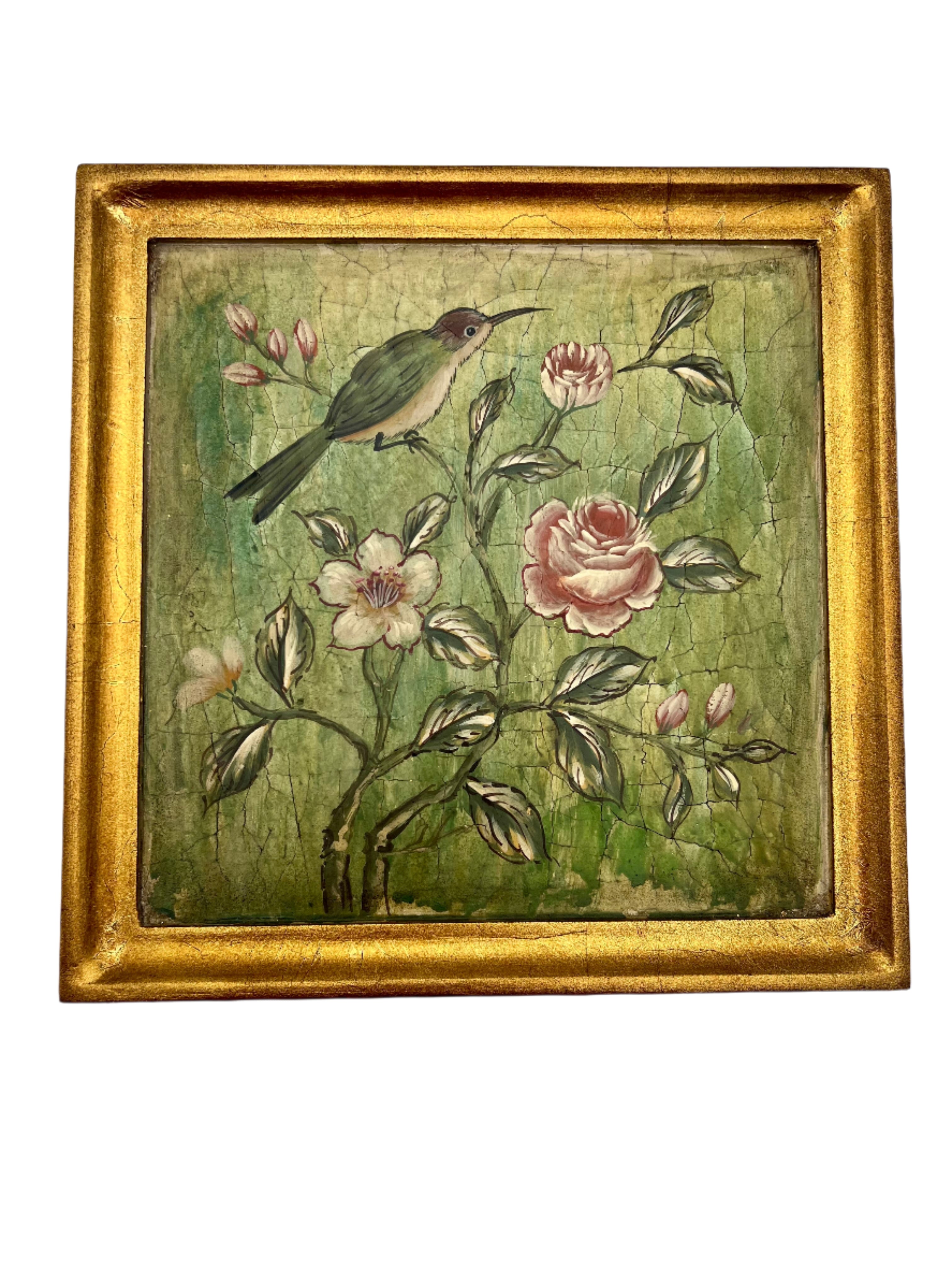 VINTAGE FRAMED HUMMINGBIRD FLORAL WALL ART GOLD FRAME CRACKLED FINISH