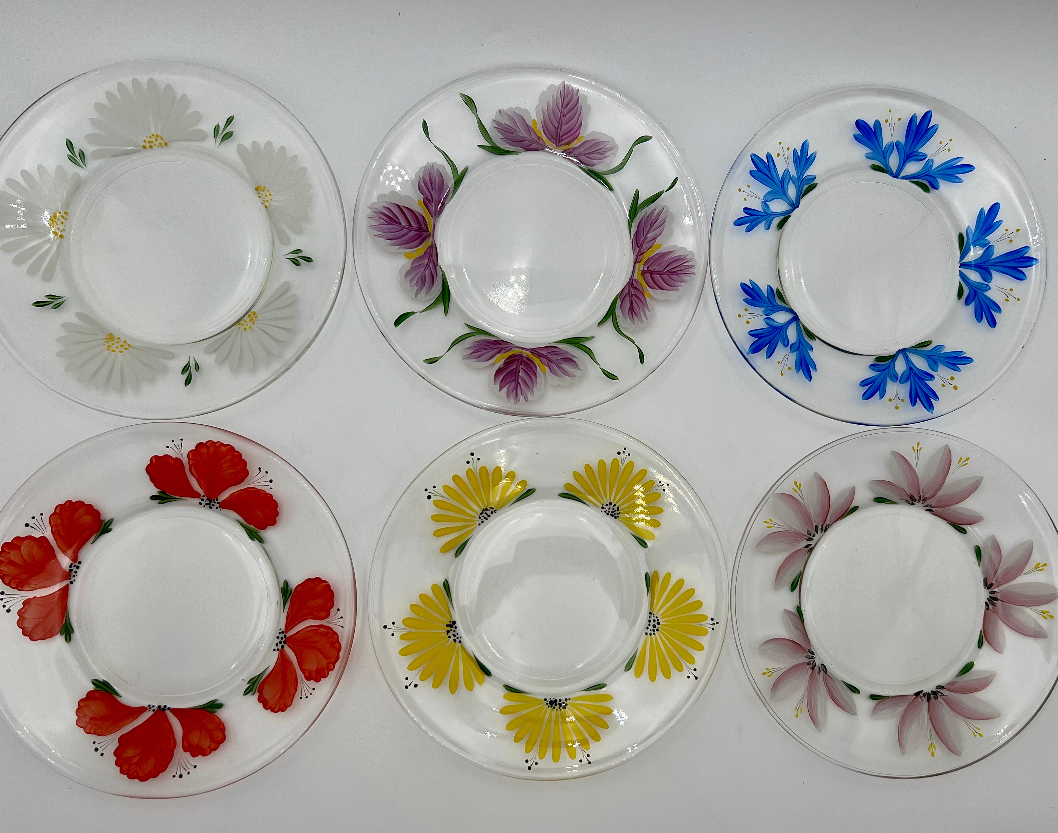 VINTAGE 1970s HAND-PAINTED FLORAL GLASS PLATE SET – MADE IN JAPAN – SET OF 6