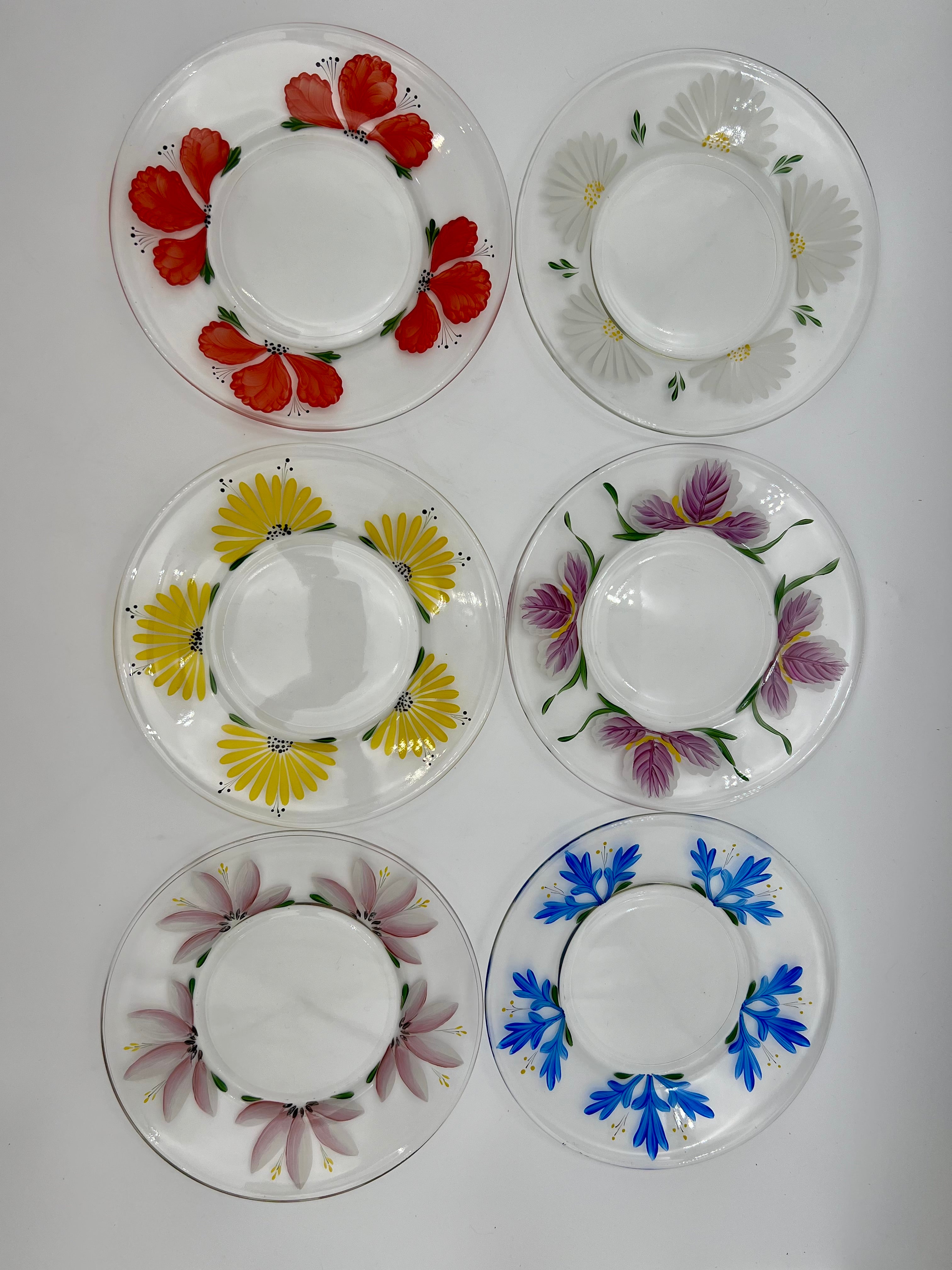 VINTAGE 1970s HAND-PAINTED FLORAL GLASS PLATE SET – MADE IN JAPAN – SET OF 6