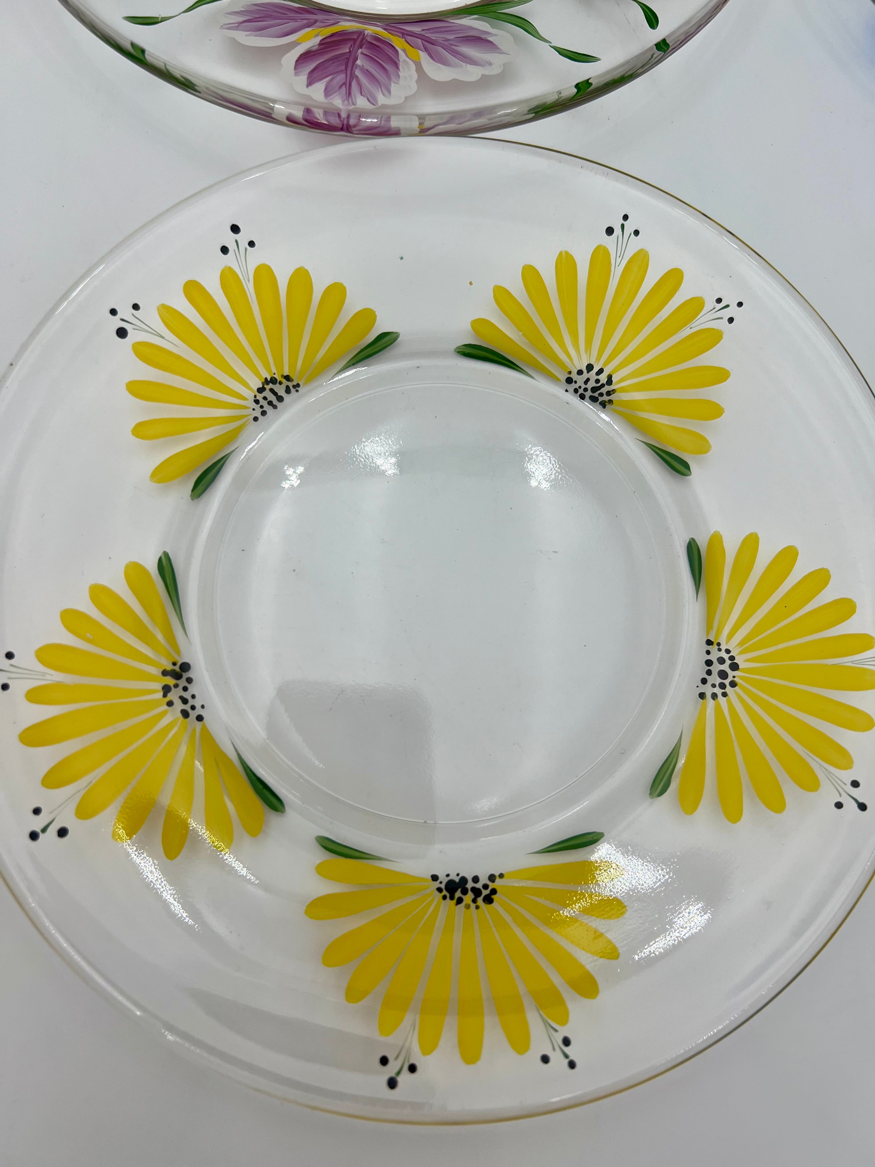 VINTAGE 1970s HAND-PAINTED FLORAL GLASS PLATE SET – MADE IN JAPAN – SET OF 6