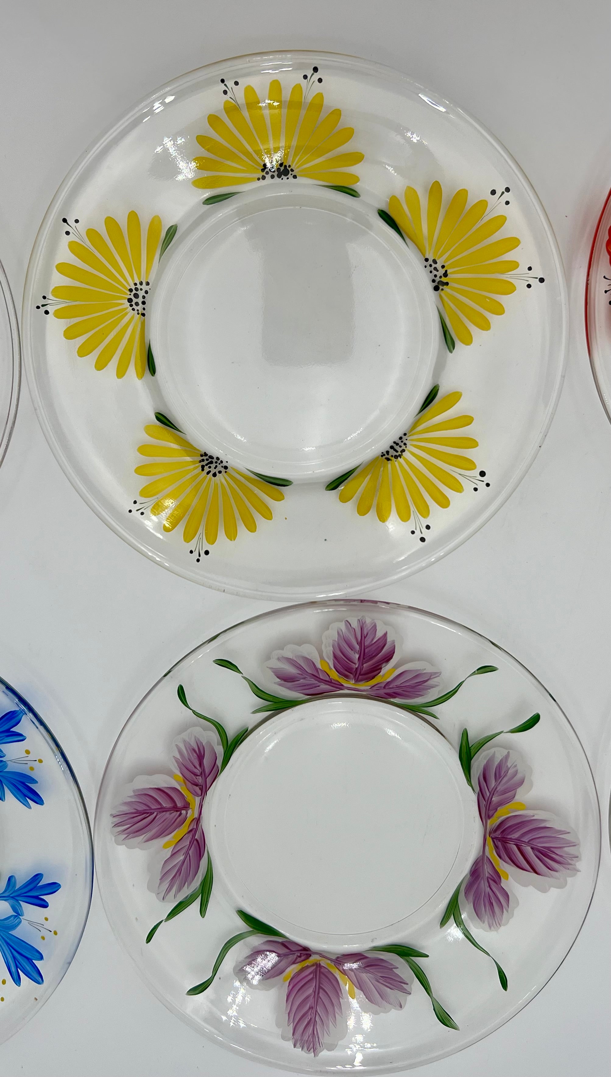 VINTAGE 1970s HAND-PAINTED FLORAL GLASS PLATE SET – MADE IN JAPAN – SET OF 6
