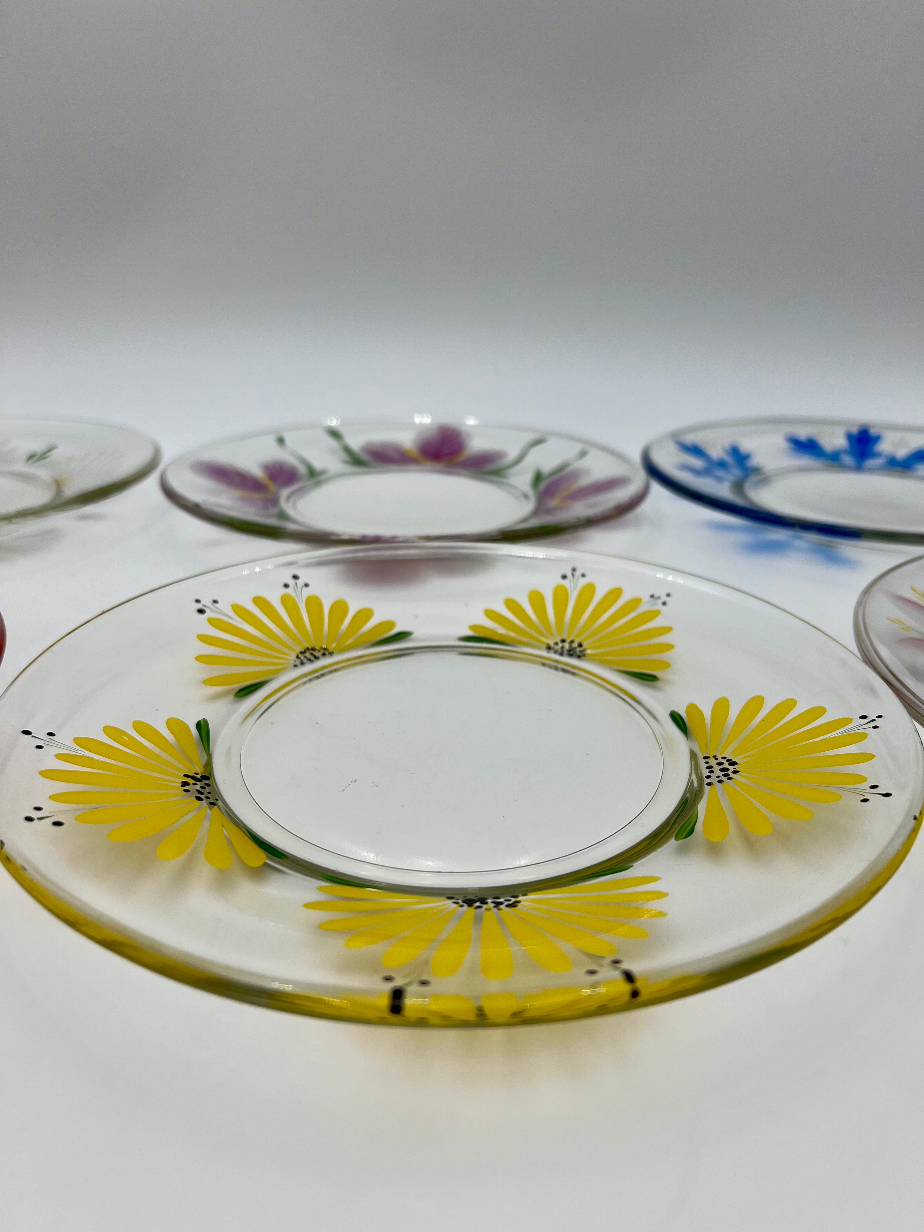 VINTAGE 1970s HAND-PAINTED FLORAL GLASS PLATE SET – MADE IN JAPAN – SET OF 6