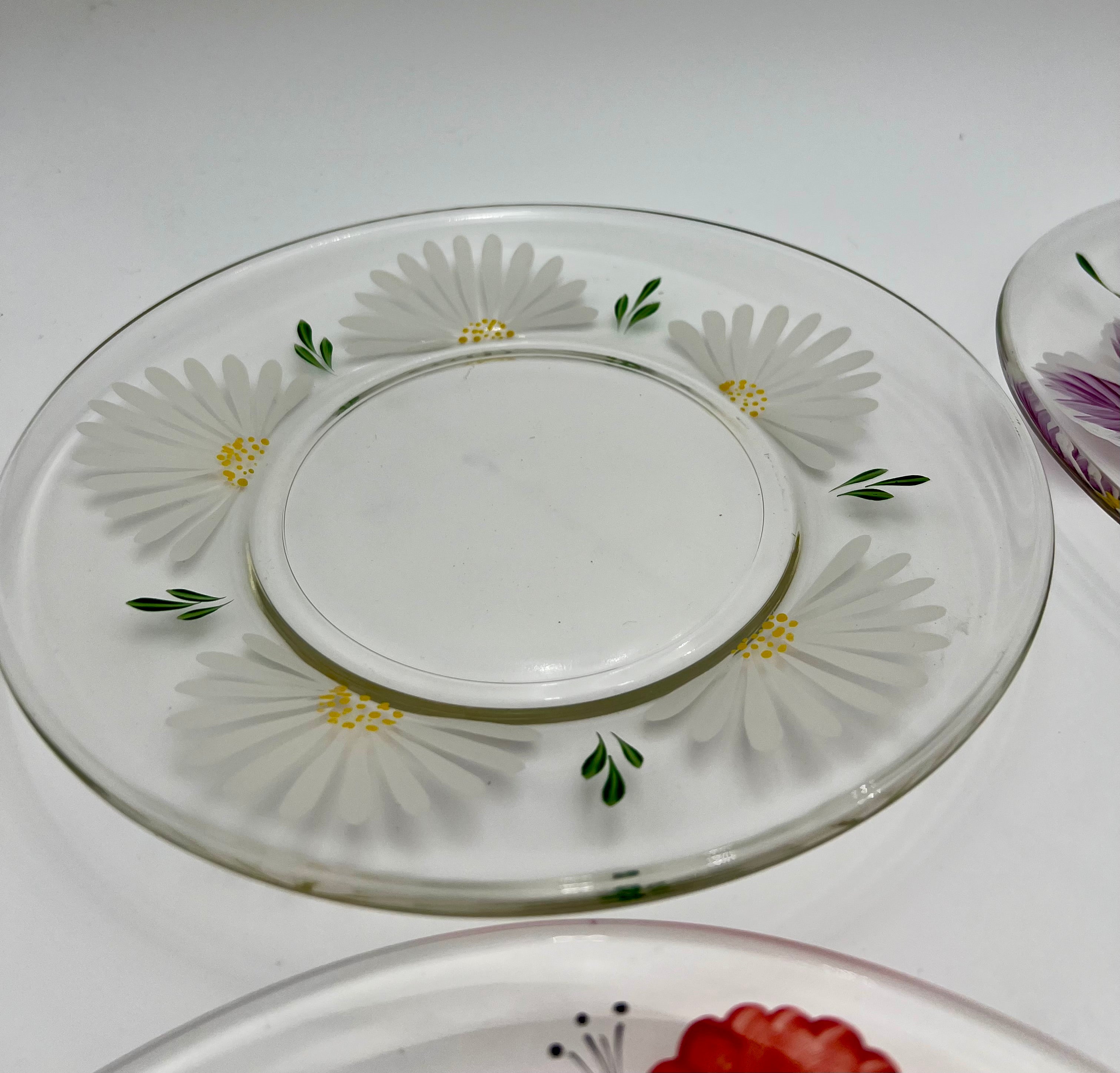 VINTAGE 1970s HAND-PAINTED FLORAL GLASS PLATE SET – MADE IN JAPAN – SET OF 6