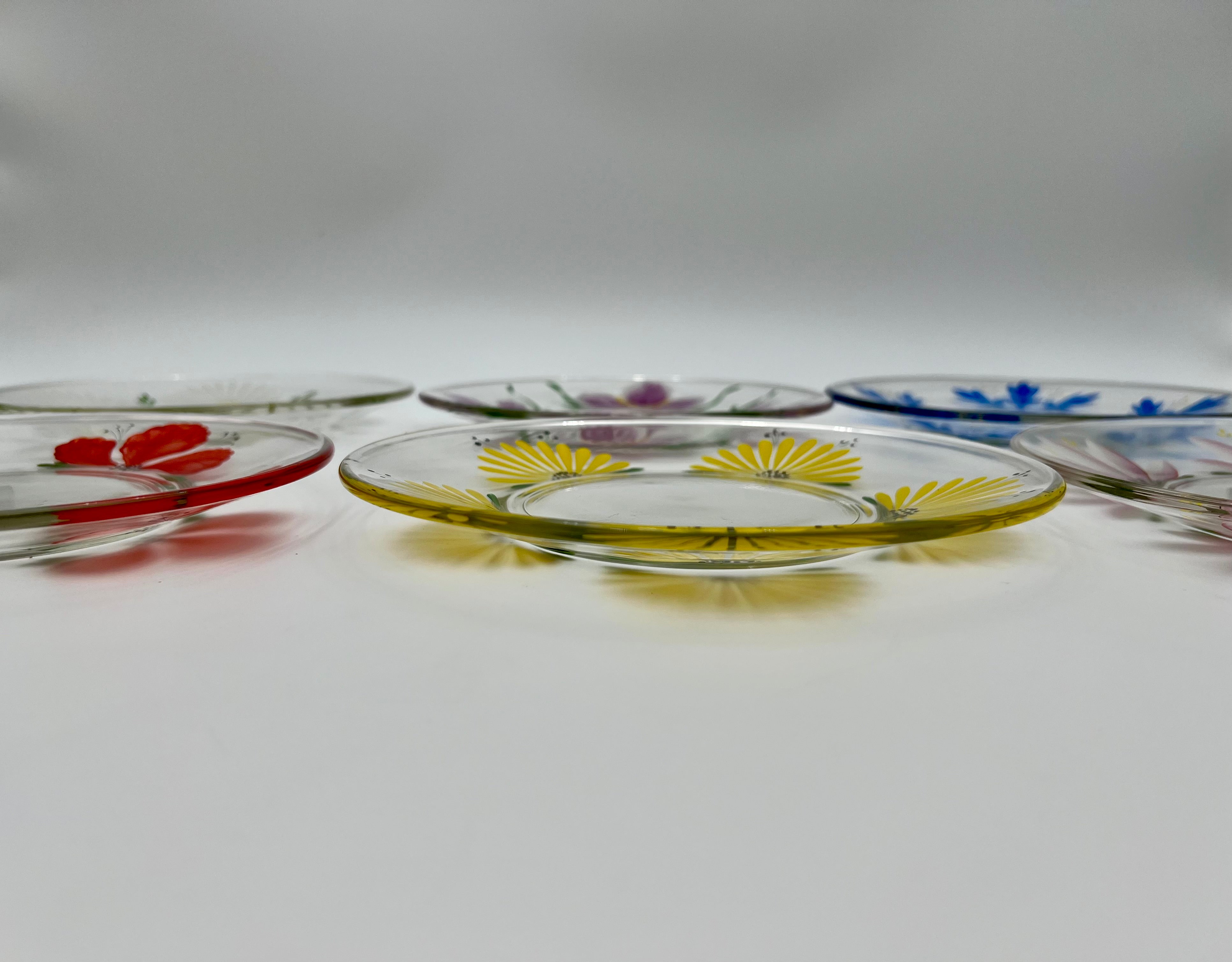 VINTAGE 1970s HAND-PAINTED FLORAL GLASS PLATE SET – MADE IN JAPAN – SET OF 6