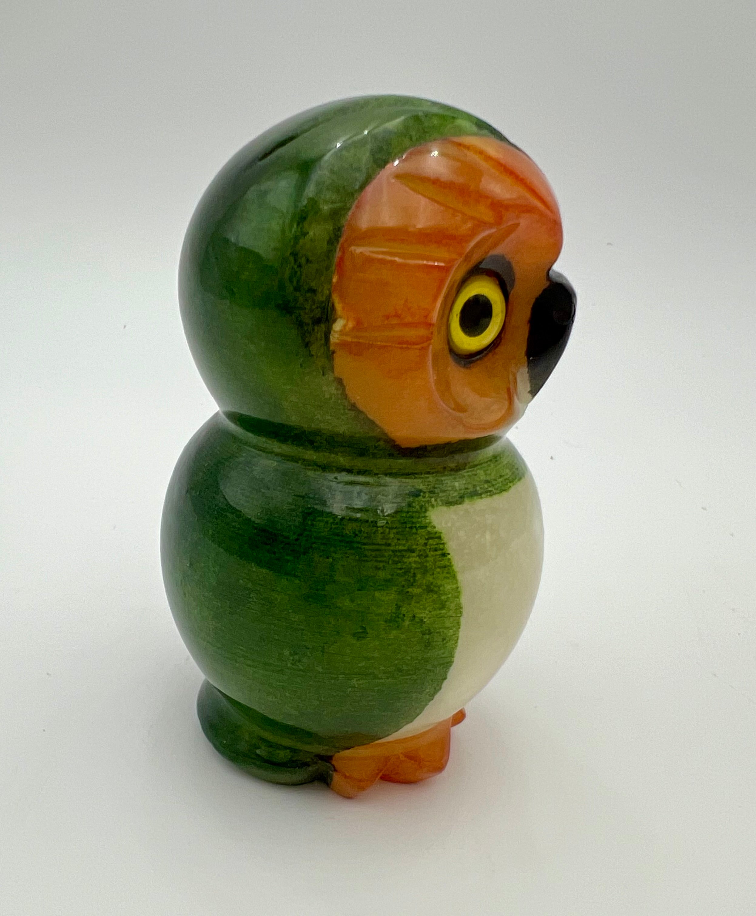 VINTAGE DUCCESCHI ITALIAN ALABASTER OWL • HAND CARVED & HAND PAINTED • MID CENTURY VOLTERRA STONE FIGURINE • GREEN & ORANGE ALABASTER BIRD