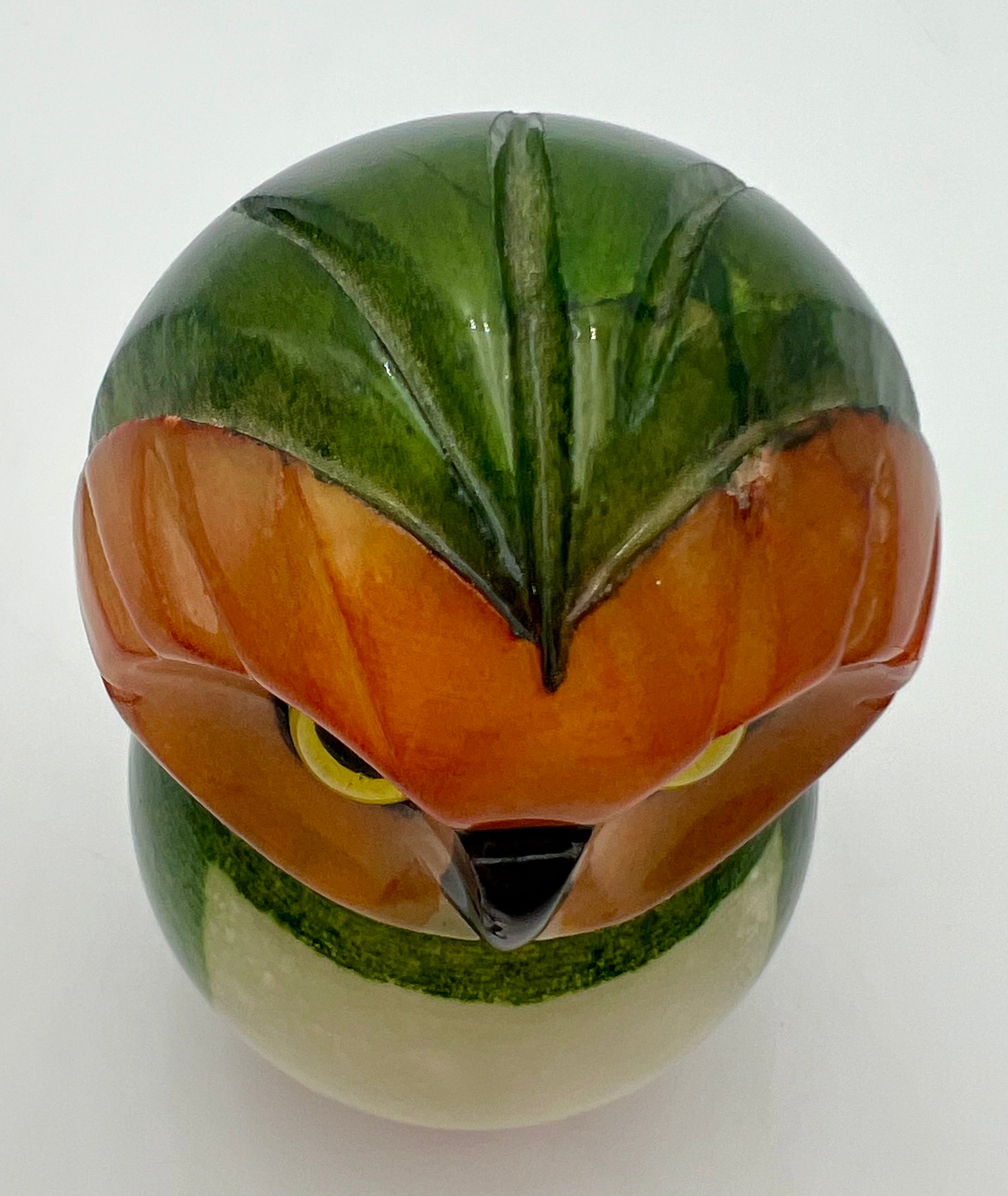 VINTAGE DUCCESCHI ITALIAN ALABASTER OWL • HAND CARVED & HAND PAINTED • MID CENTURY VOLTERRA STONE FIGURINE • GREEN & ORANGE ALABASTER BIRD