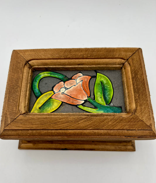 VINTAGE BOHO STAINED GLASS WOOD JEWERLY BOX