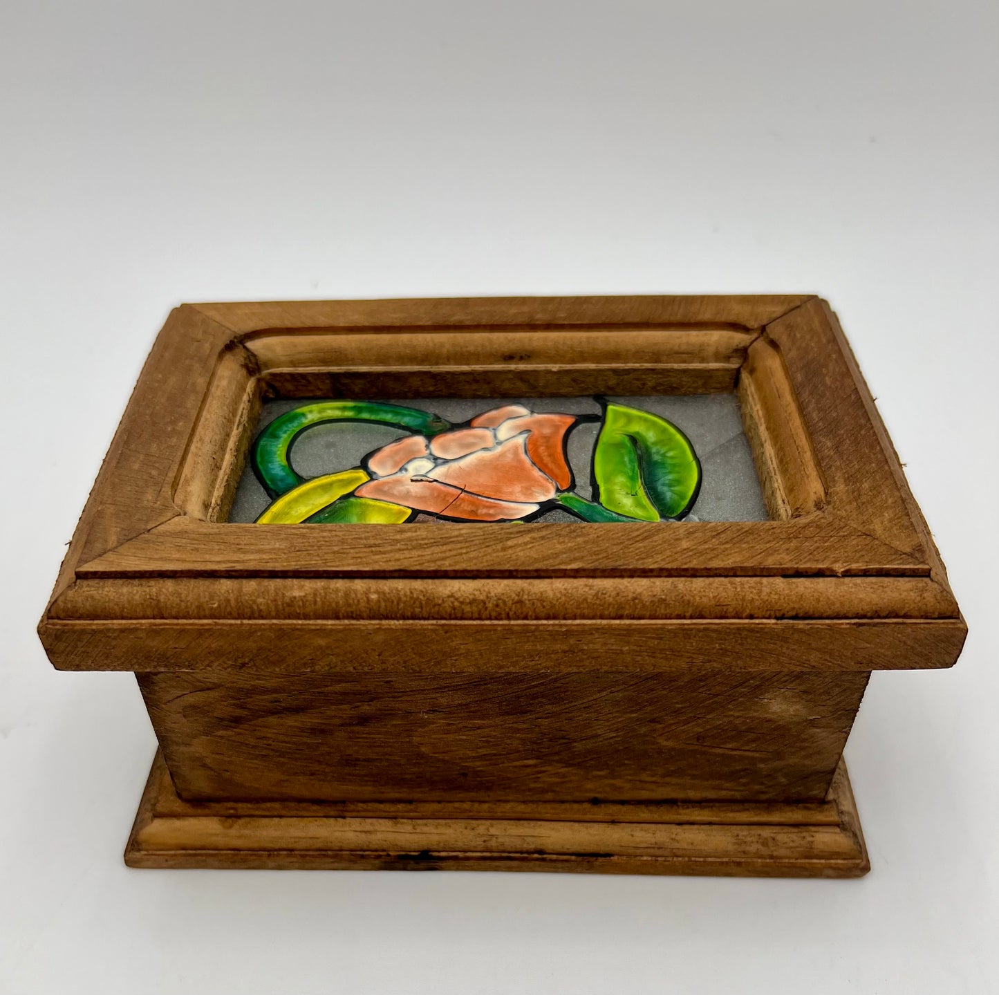 VINTAGE BOHO STAINED GLASS WOOD JEWERLY BOX
