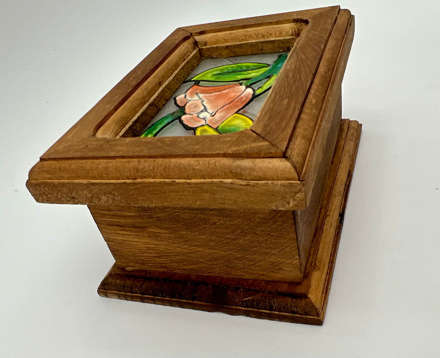 VINTAGE BOHO STAINED GLASS WOOD JEWERLY BOX