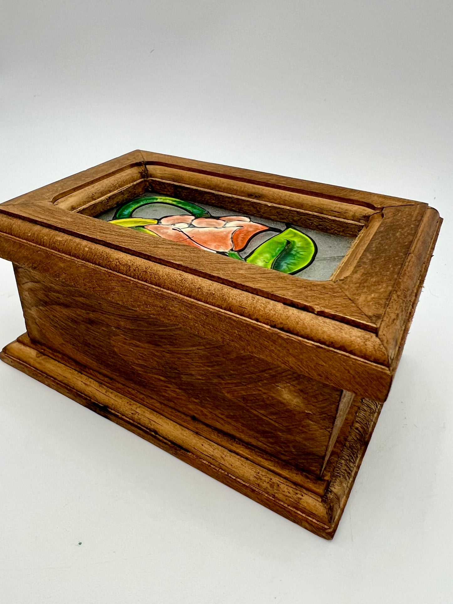 VINTAGE BOHO STAINED GLASS WOOD JEWERLY BOX