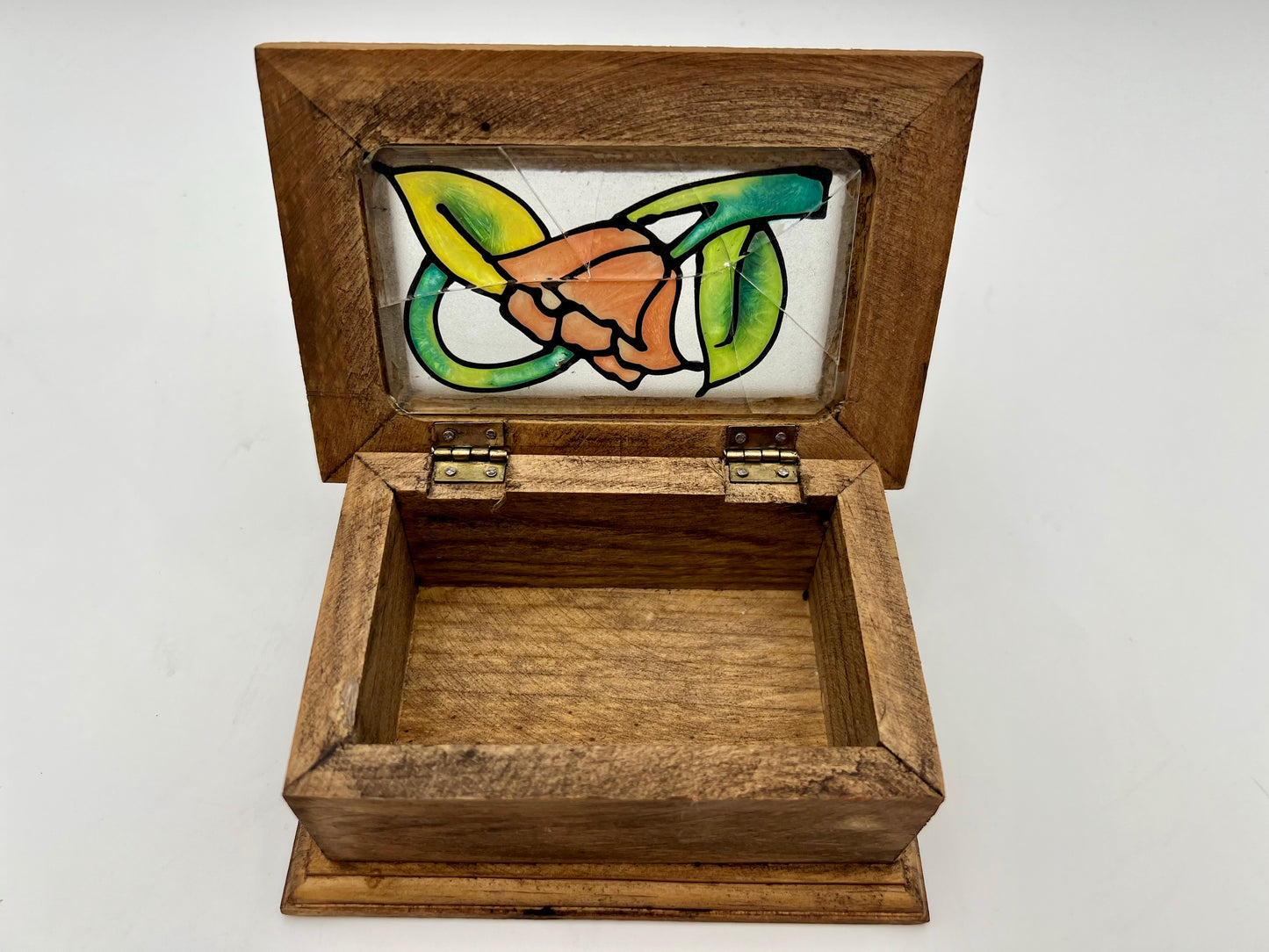 VINTAGE BOHO STAINED GLASS WOOD JEWERLY BOX