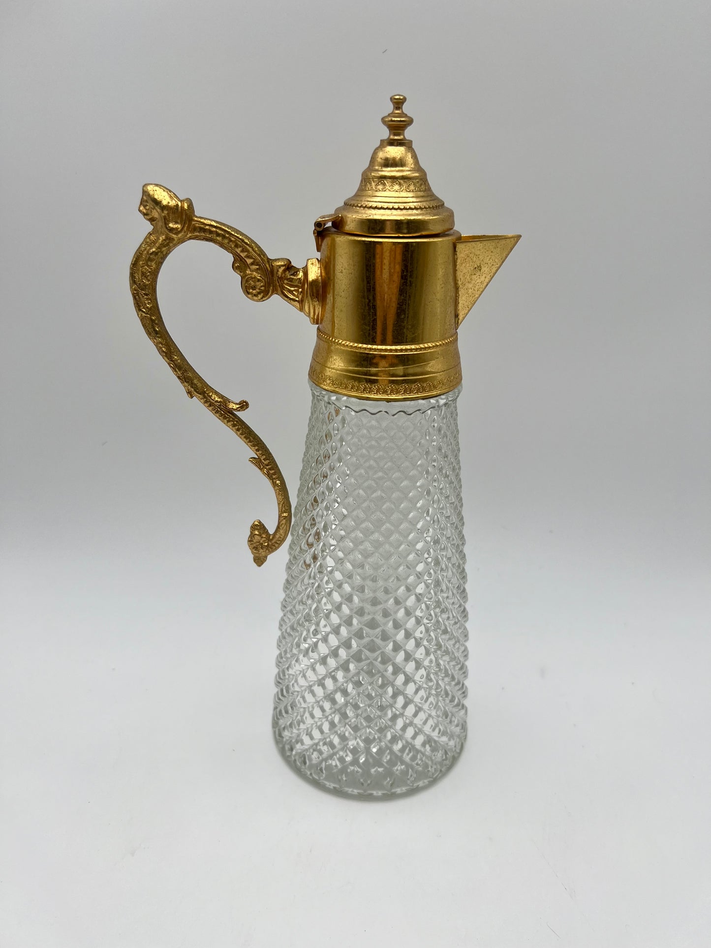 ANTIQUE ART DECO DIAMOND TIP CRYSTAL  AND GILT LION HEAD HANDLE JUG, CIRCA  1930’S