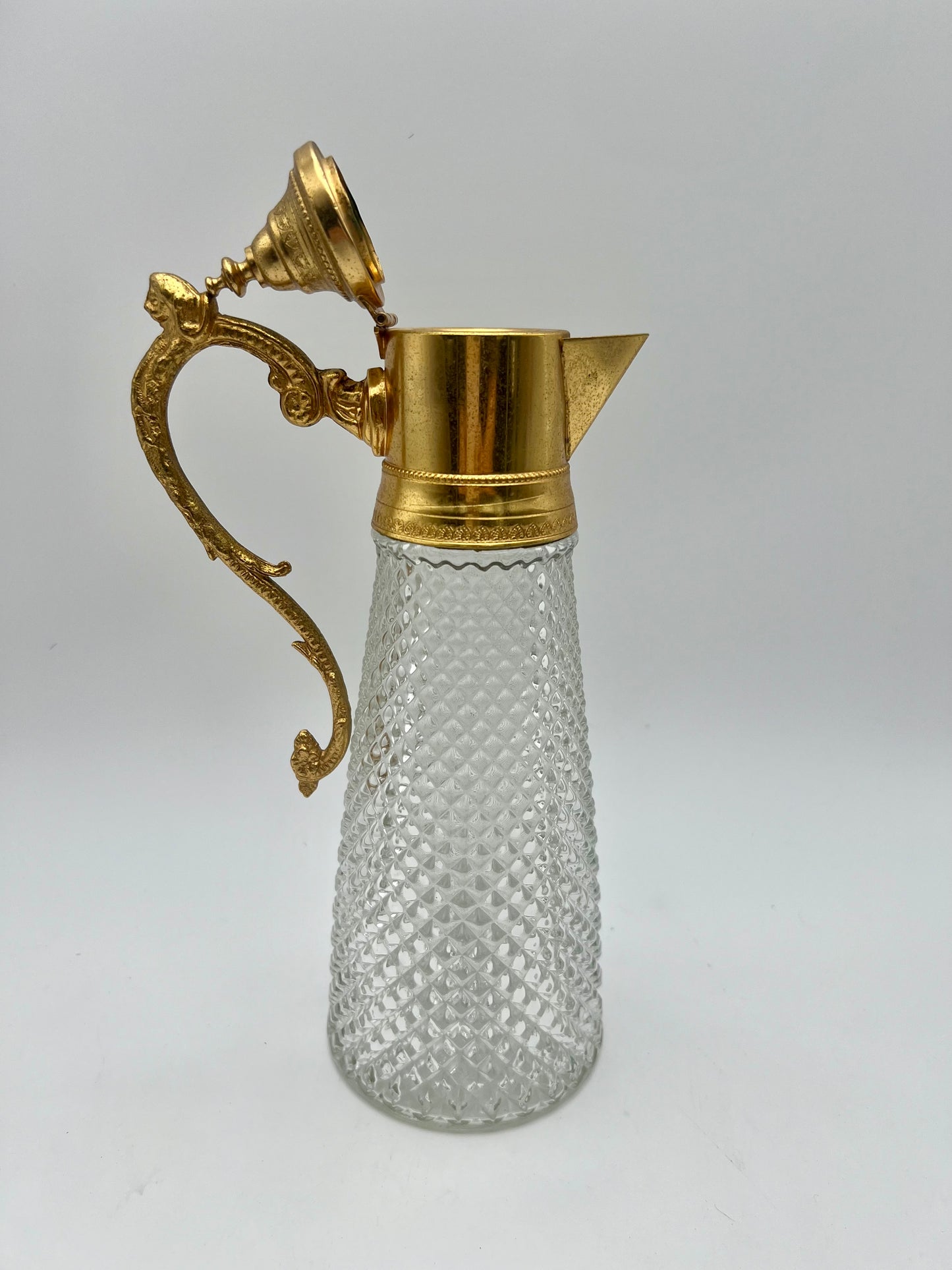 ANTIQUE ART DECO DIAMOND TIP CRYSTAL  AND GILT LION HEAD HANDLE JUG, CIRCA  1930’S