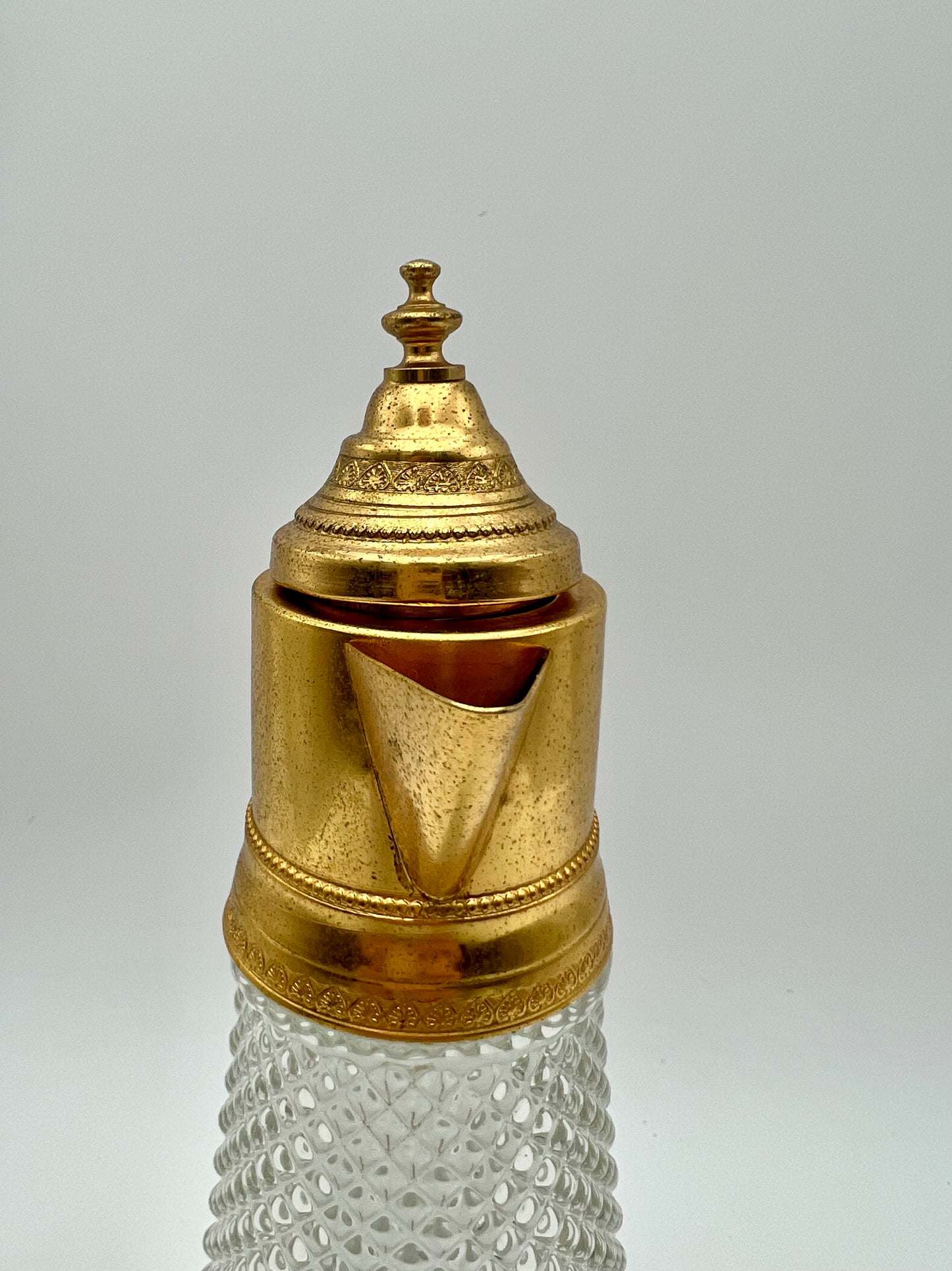 ANTIQUE ART DECO DIAMOND TIP CRYSTAL  AND GILT LION HEAD HANDLE JUG, CIRCA  1930’S