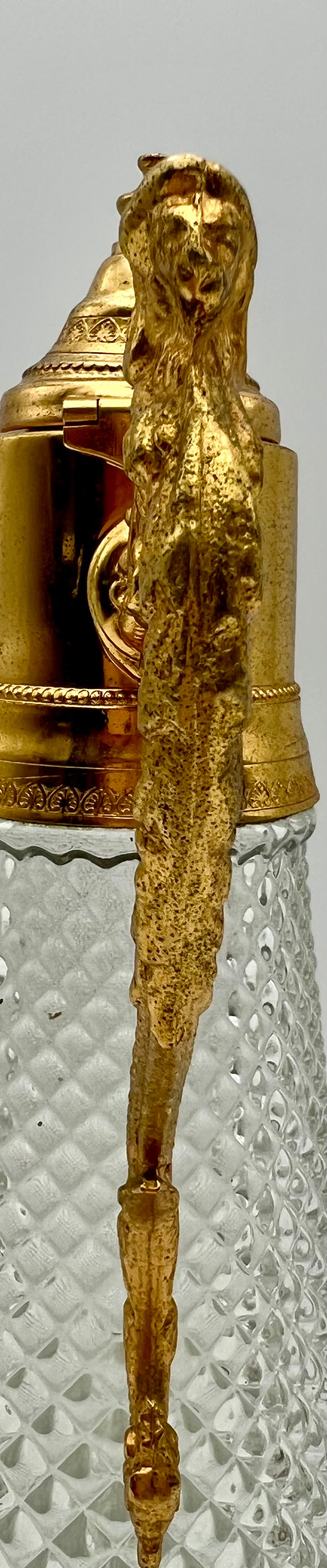 ANTIQUE ENGLISH CUT GLASS AND GILT METAL CLARET JUG – LATE VICTORIAN BARWARE, FIGURAL HANDLE, CIRCA 1880
