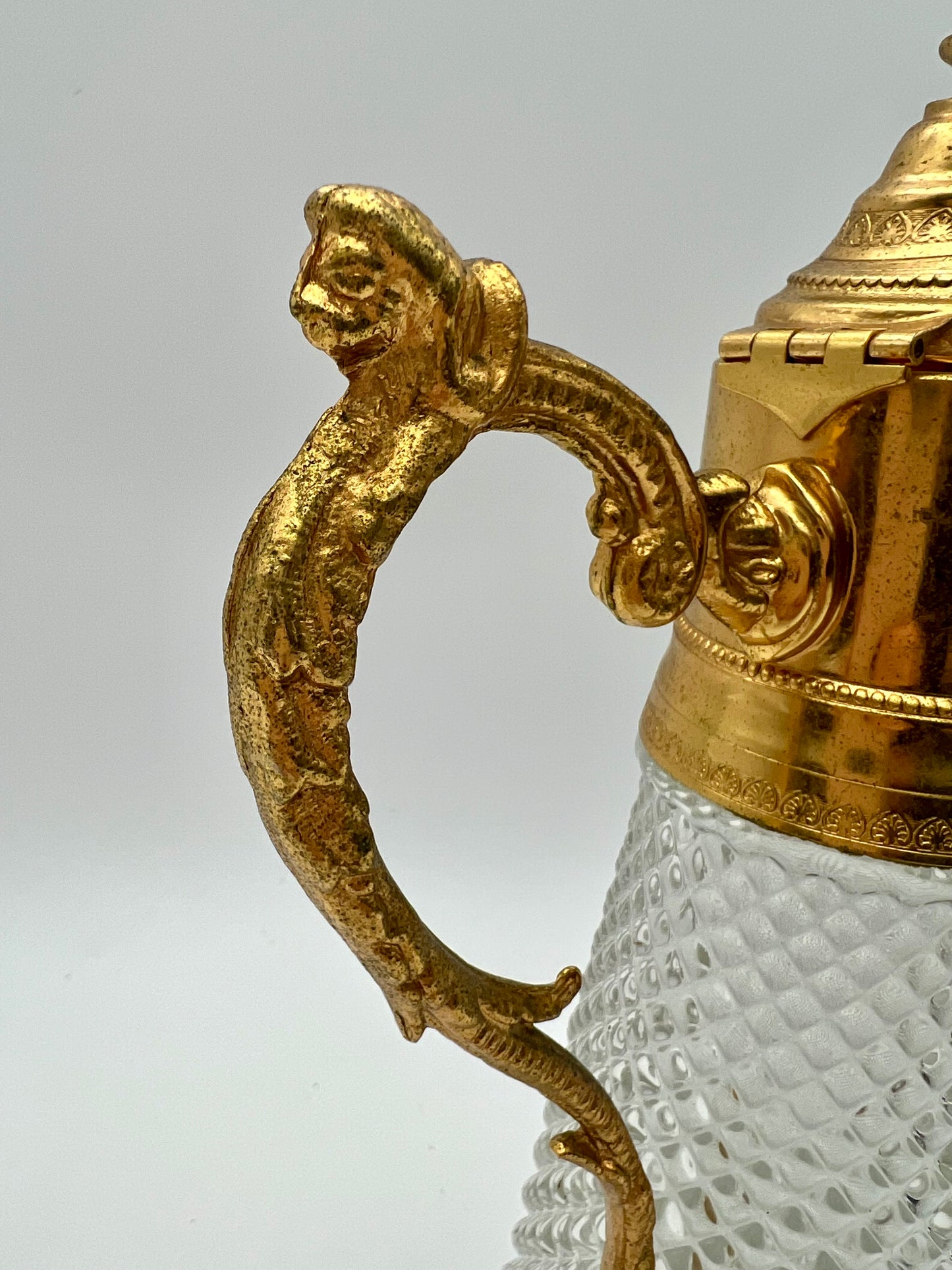 ANTIQUE ART DECO DIAMOND TIP CRYSTAL  AND GILT LION HEAD HANDLE JUG, CIRCA  1930’S