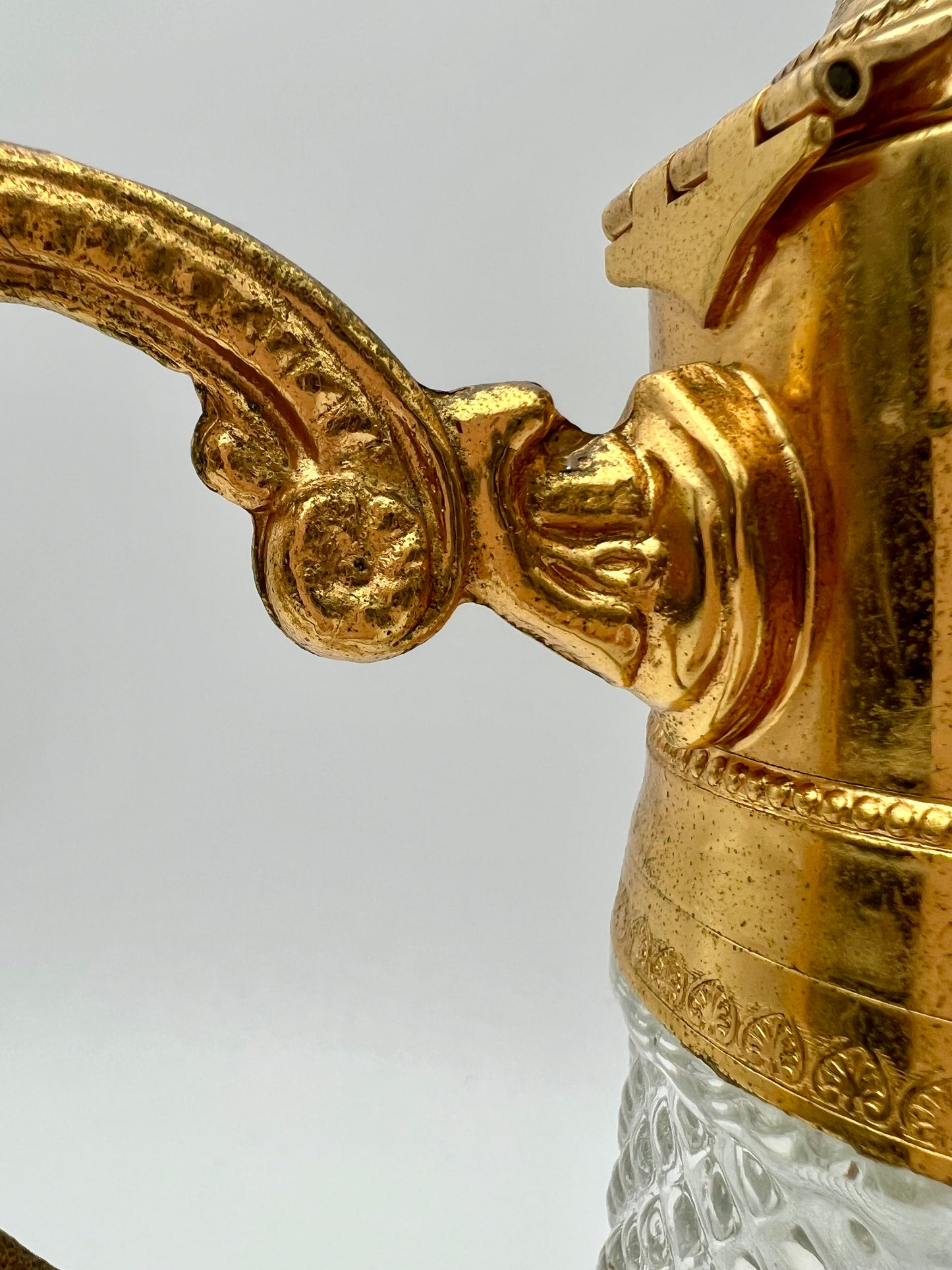 ANTIQUE ART DECO DIAMOND TIP CRYSTAL  AND GILT LION HEAD HANDLE JUG, CIRCA  1930’S