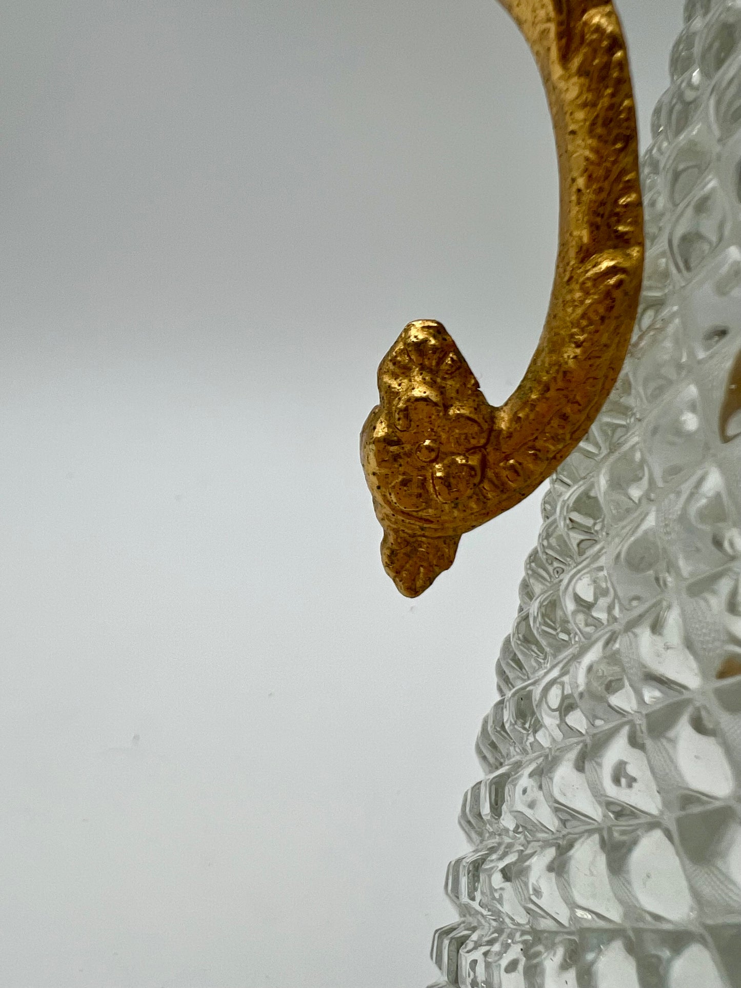 ANTIQUE ART DECO DIAMOND TIP CRYSTAL  AND GILT LION HEAD HANDLE JUG, CIRCA  1930’S
