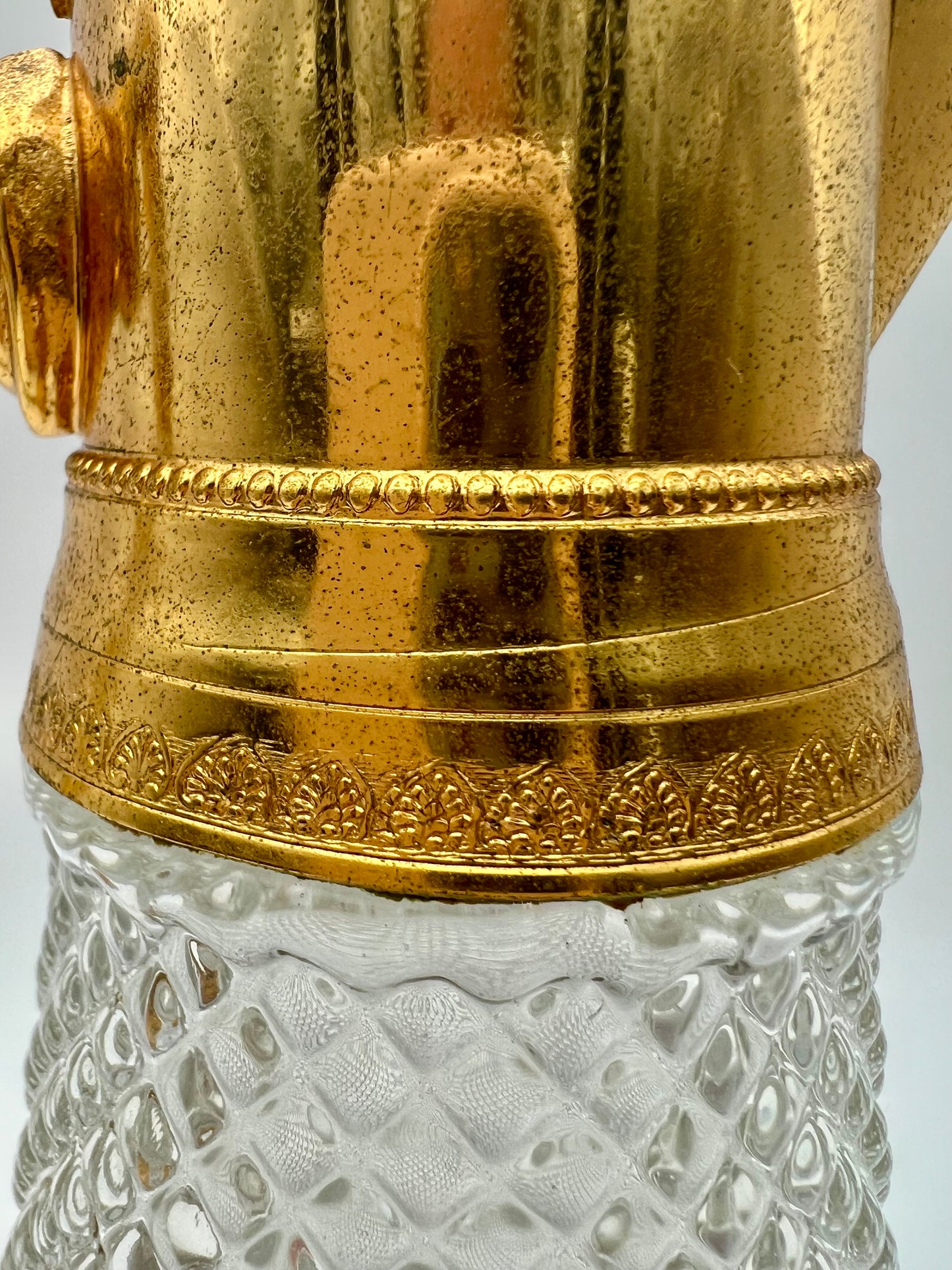 ANTIQUE ART DECO DIAMOND TIP CRYSTAL  AND GILT LION HEAD HANDLE JUG, CIRCA  1930’S