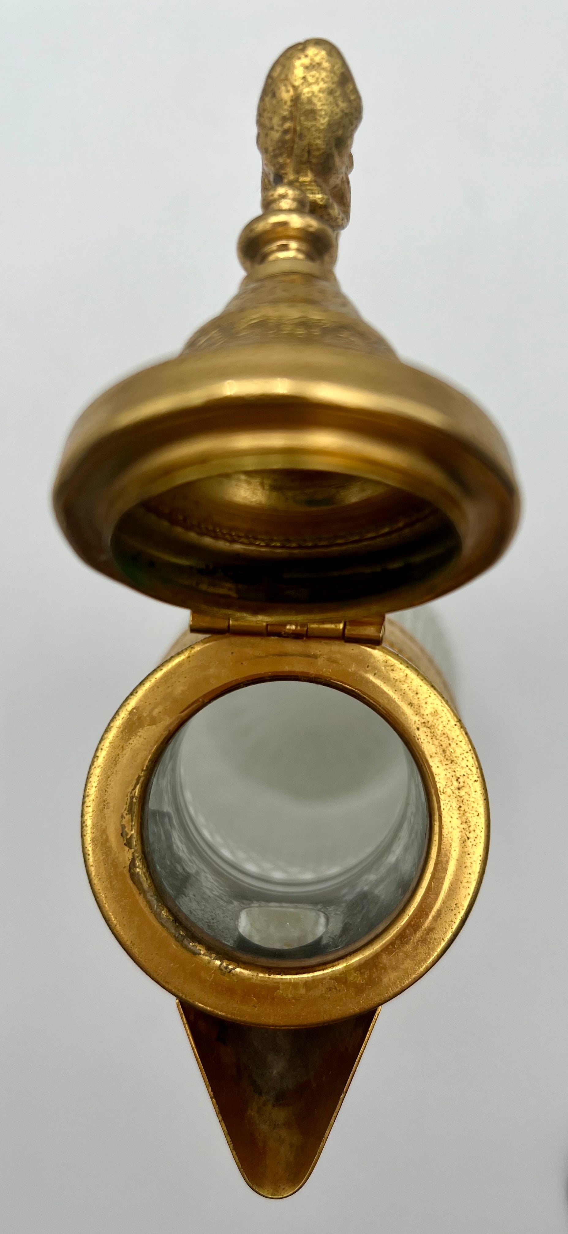 ANTIQUE ENGLISH CUT GLASS AND GILT METAL CLARET JUG – LATE VICTORIAN BARWARE, FIGURAL HANDLE, CIRCA 1880