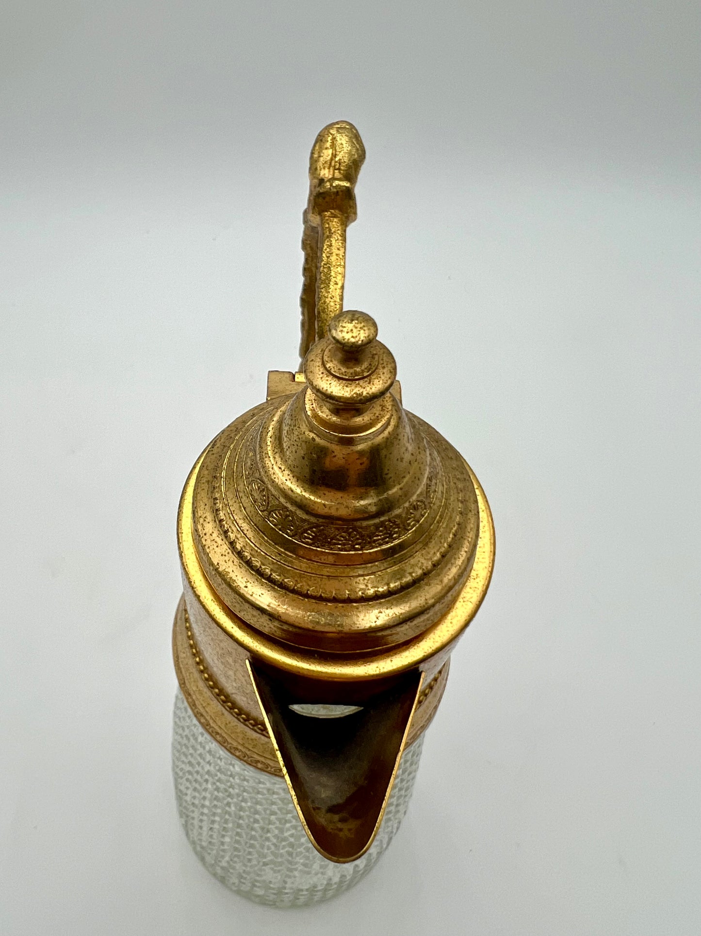 ANTIQUE ART DECO DIAMOND TIP CRYSTAL  AND GILT LION HEAD HANDLE JUG, CIRCA  1930’S