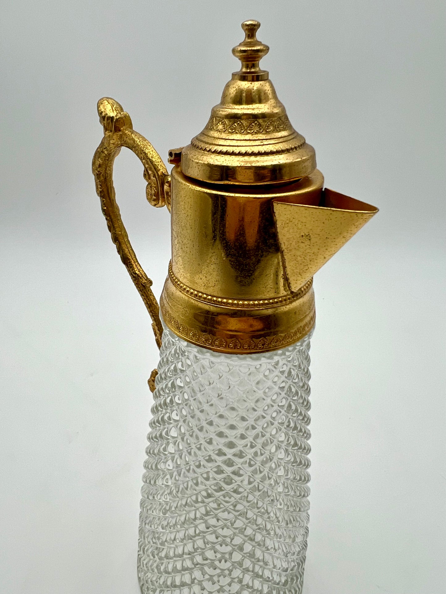 ANTIQUE ART DECO DIAMOND TIP CRYSTAL  AND GILT LION HEAD HANDLE JUG, CIRCA  1930’S