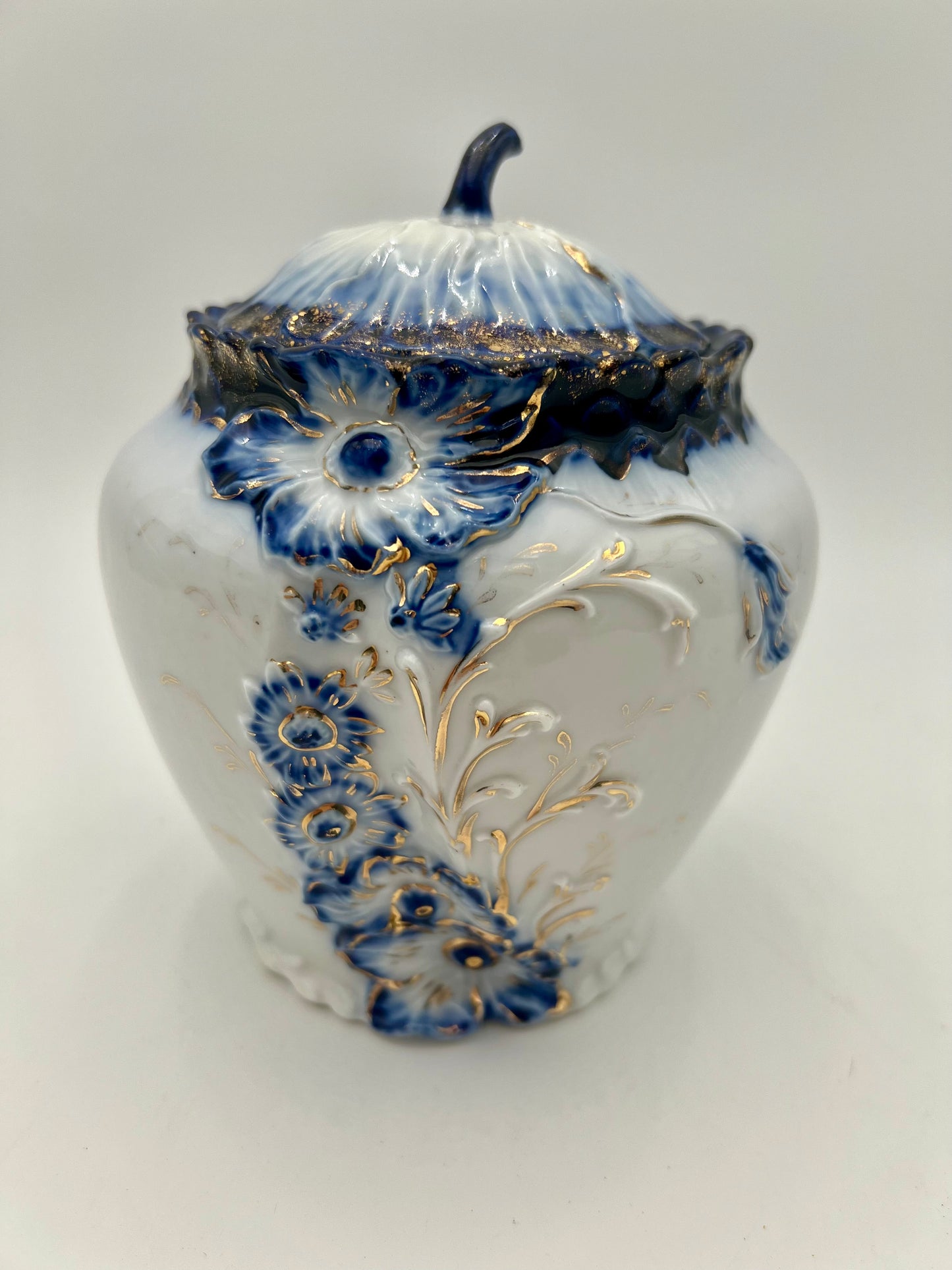 VINTAGE BLUE WHITE AND GOLD  MELON JAR