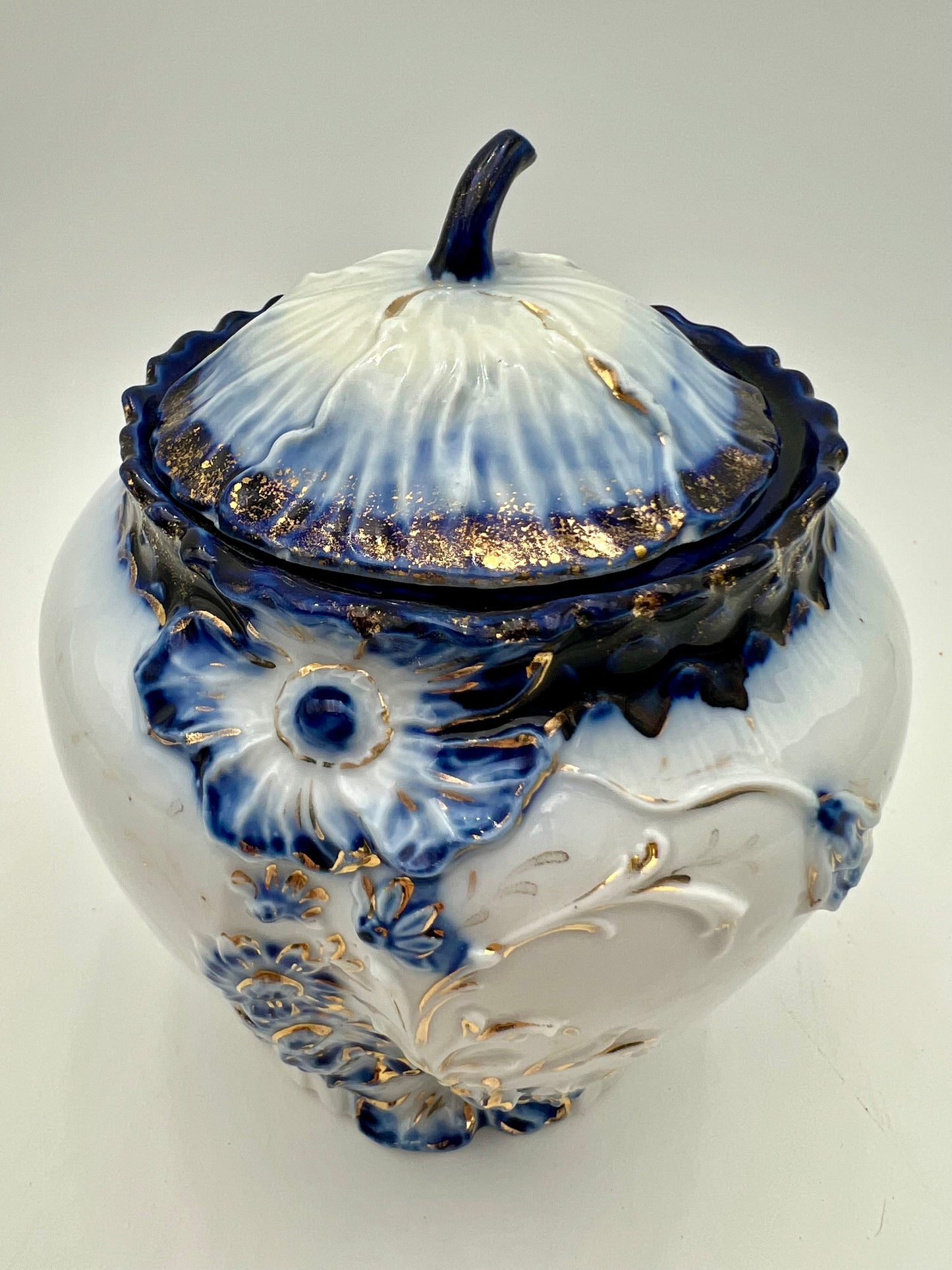 VINTAGE BLUE WHITE AND GOLD  MELON JAR