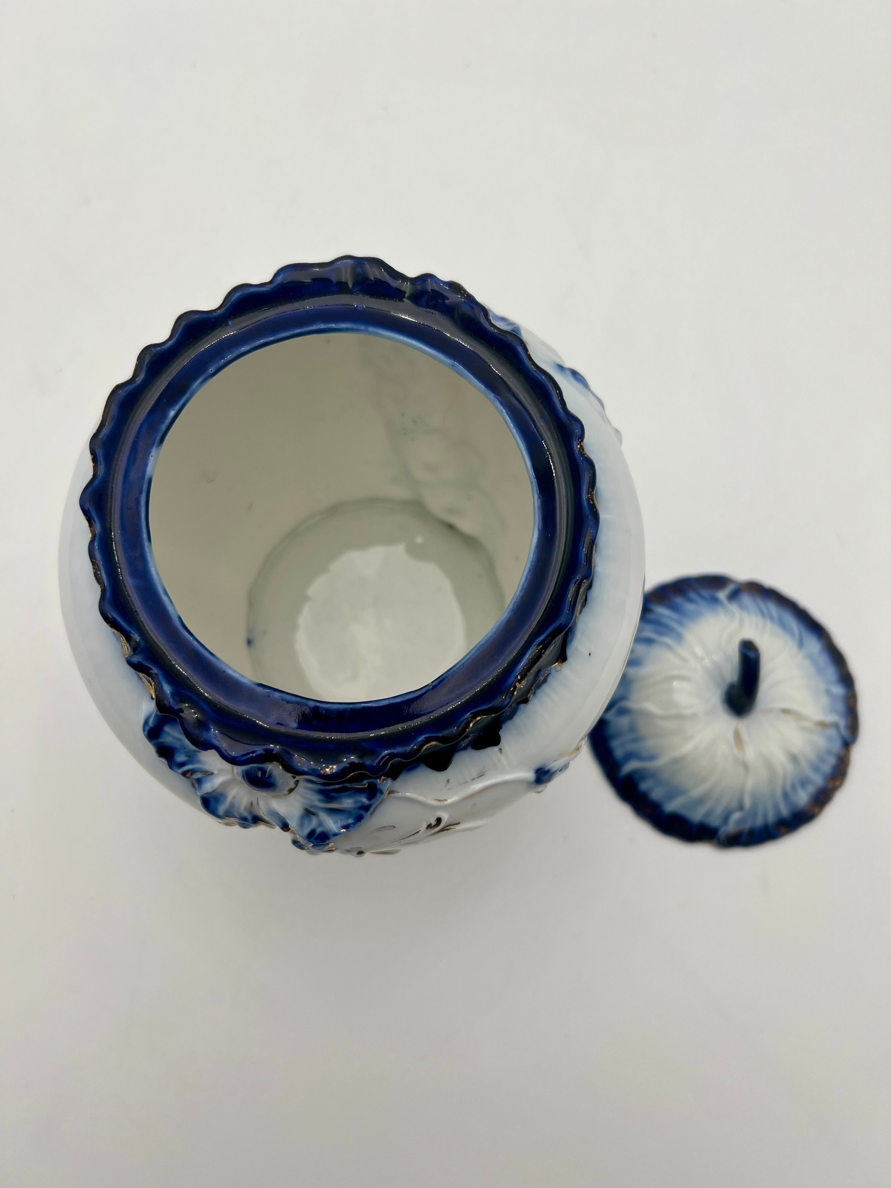 ANTIQUE COBALT BLUE & GOLD GILT PORCELAIN BISCUIT JAR WITH FLORAL RELIEF